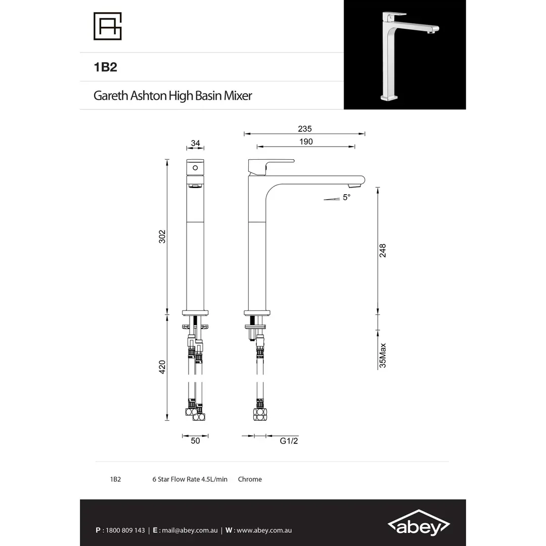 Abey Gareth Ashton Park Ave Hi Rise Basin Mixer Cp - Image 4