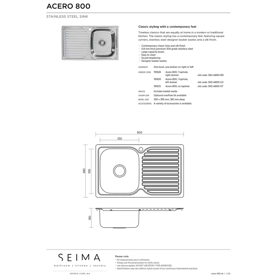 Acero Stainless Steel 800 Sink Right Hand Drainer 800 X 480 - Image 3