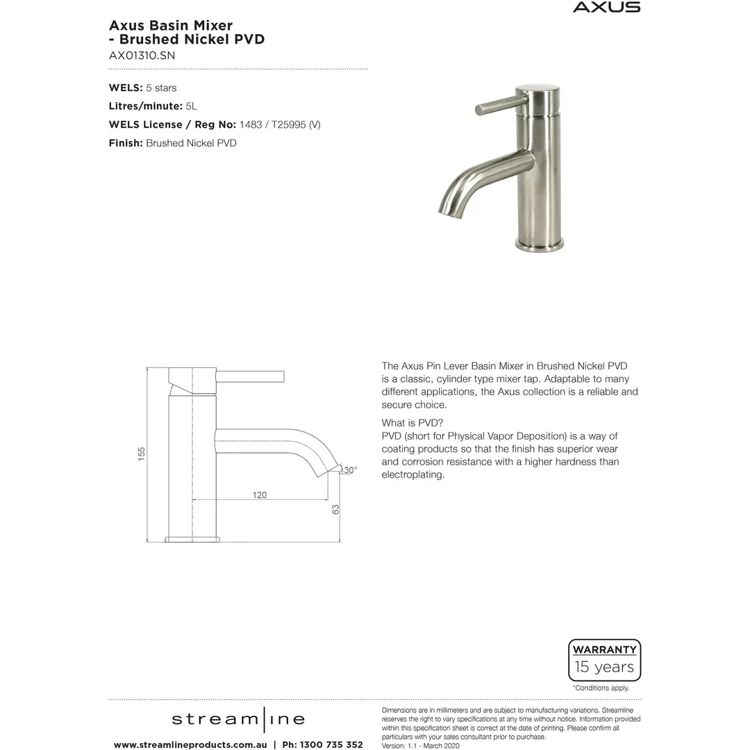 Arcisan Axus Pin Lever Basin Mixer Satin Nickel - Image 4
