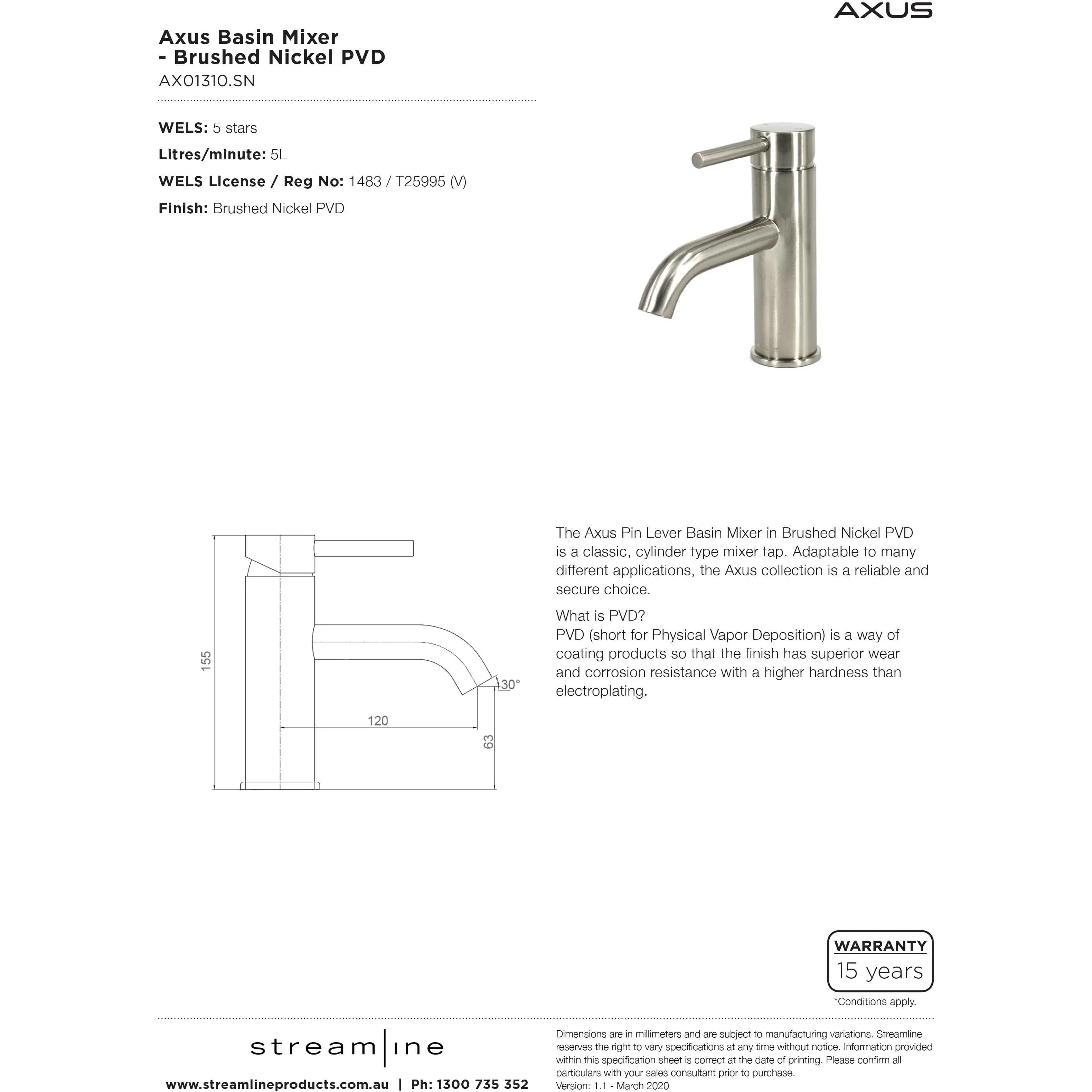 Arcisan Axus Pin Lever Basin Mixer Satin Nickel - Image 5
