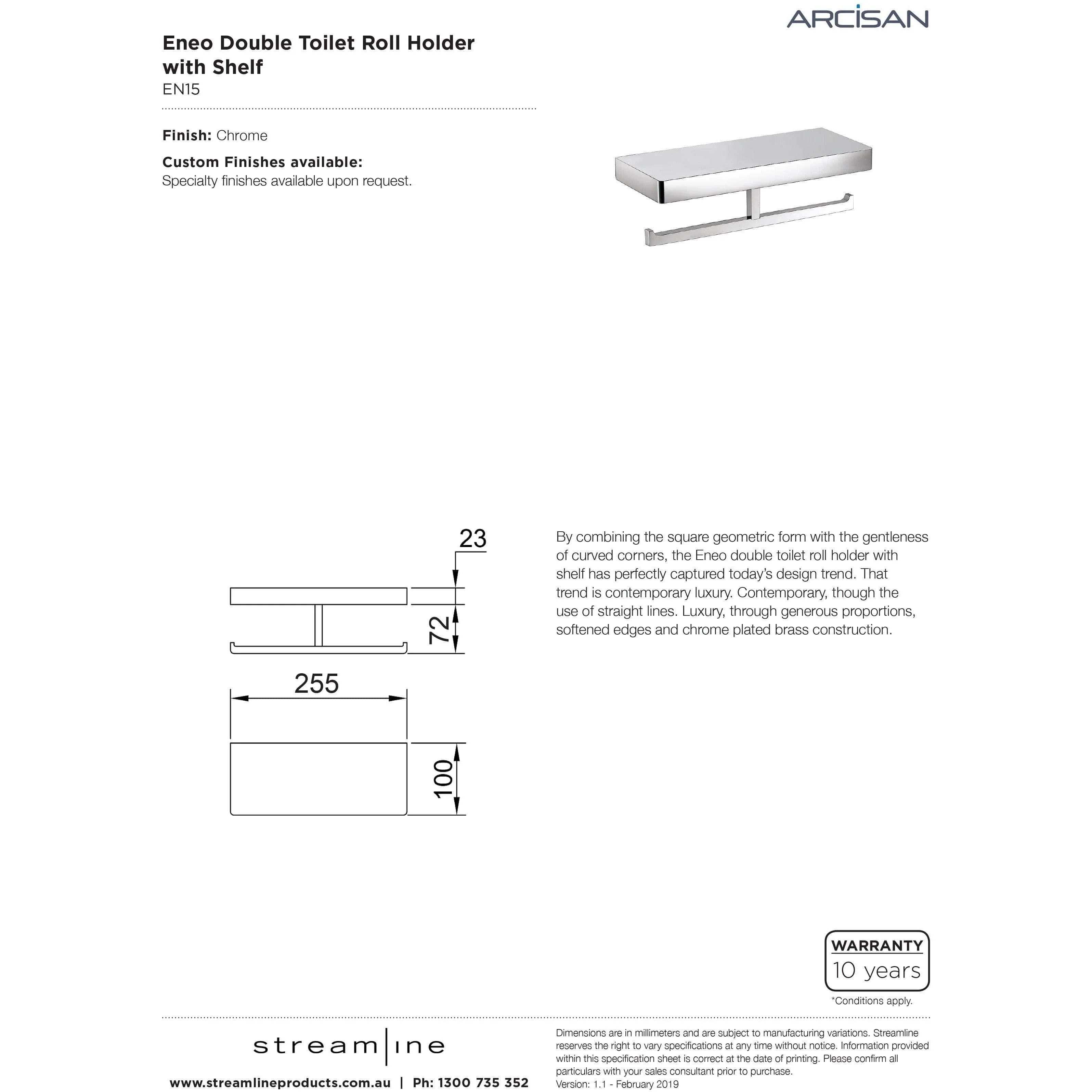 Streamline Arcisan Eneo Double Toilet Roll Holder With Shelf 30cm - Chrome - Image 4