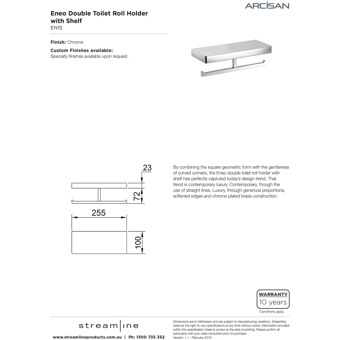 Streamline Arcisan Eneo Double Toilet Roll Holder With Shelf 30cm - Matt Black - Image 3