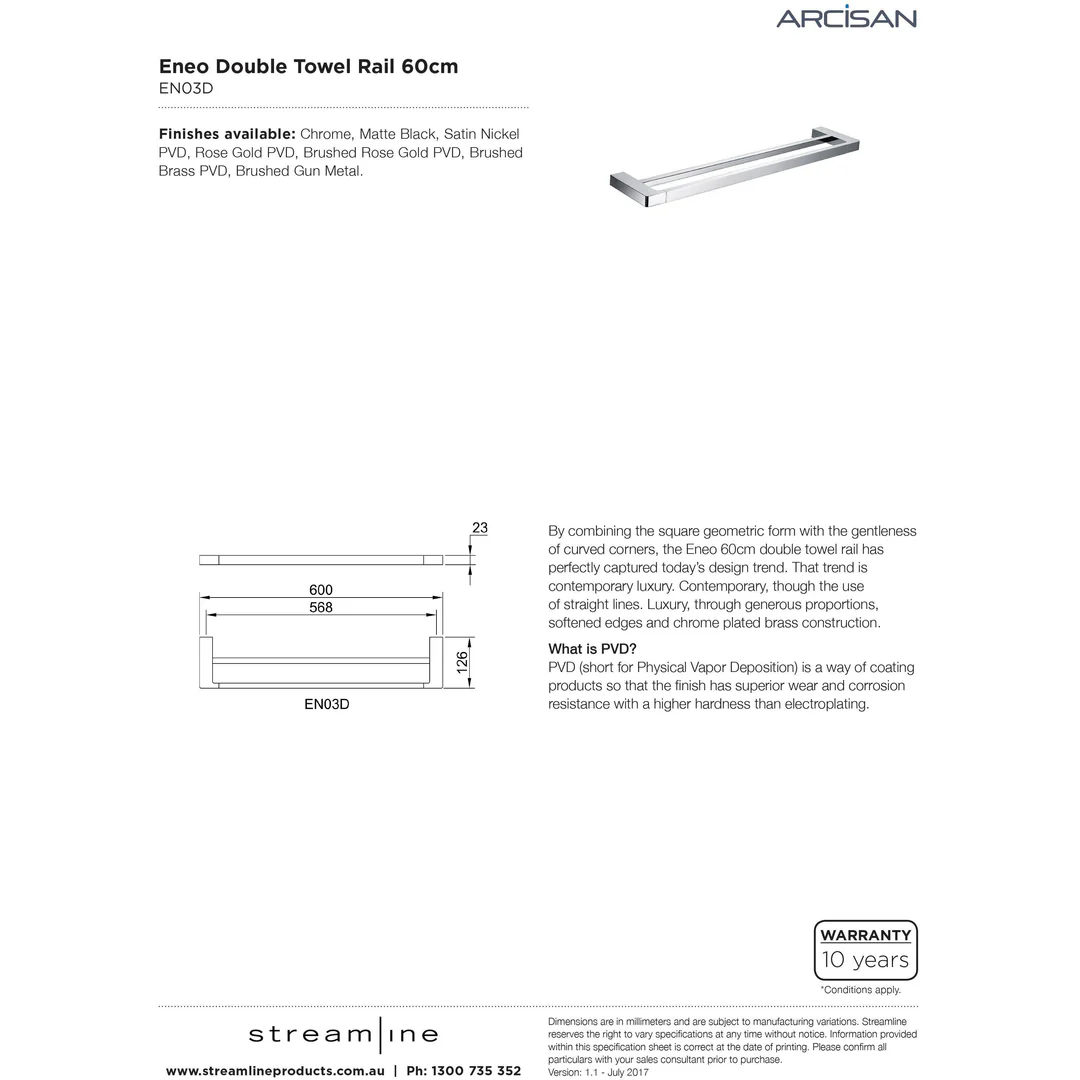 Streamline Arcisan Eneo Double Towel Rail 60cm - Matt Black - Image 4
