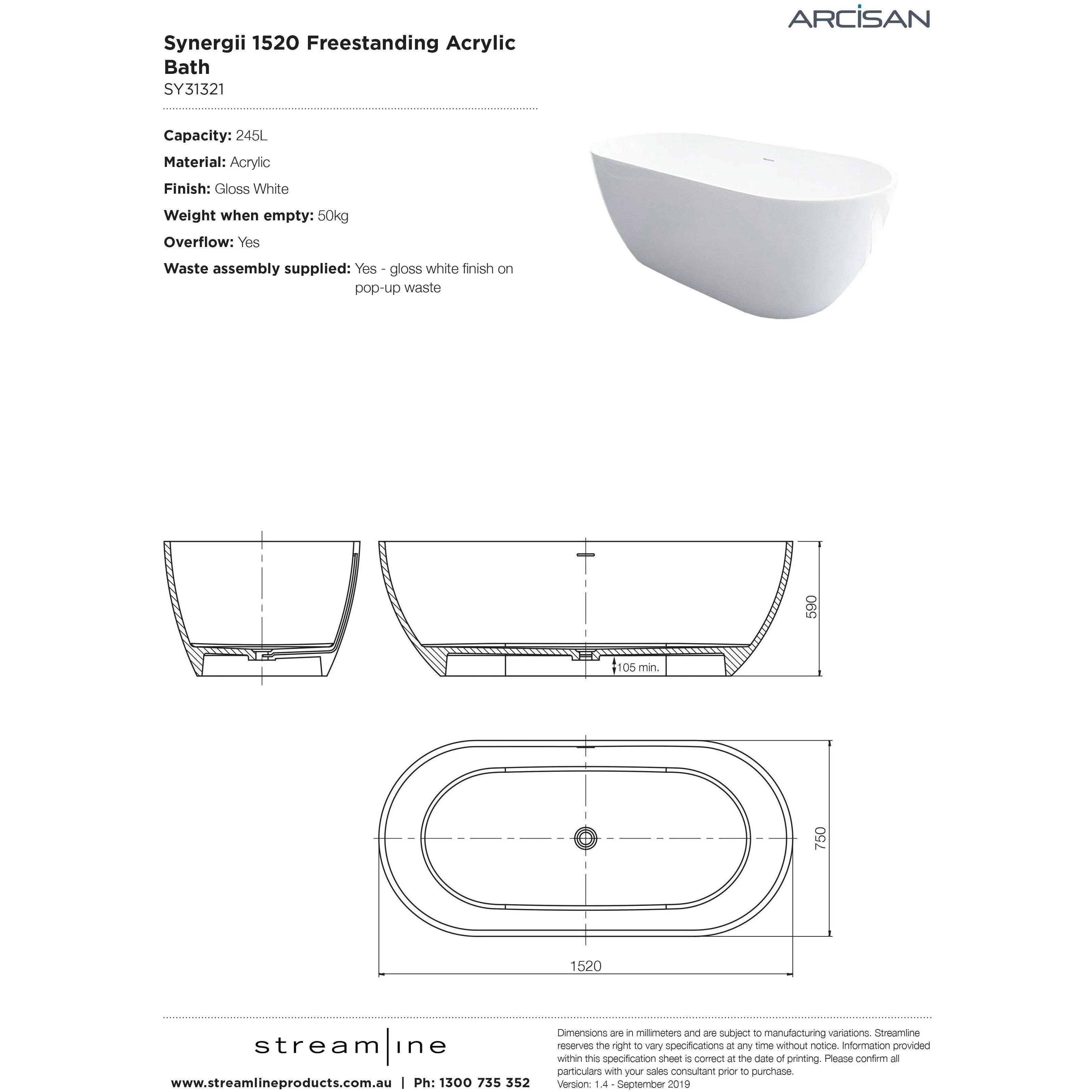 Arcisan Synergii F/Standing Bath Acrylic Gloss White 1500mm - Image 5