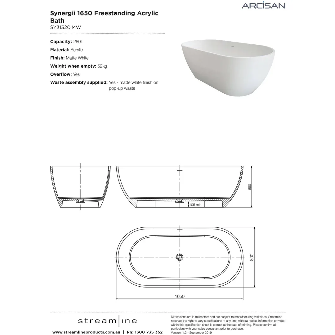 Arcisan Synergii F/Standing Bath Acrylic Matte White  1650mm - Image 4