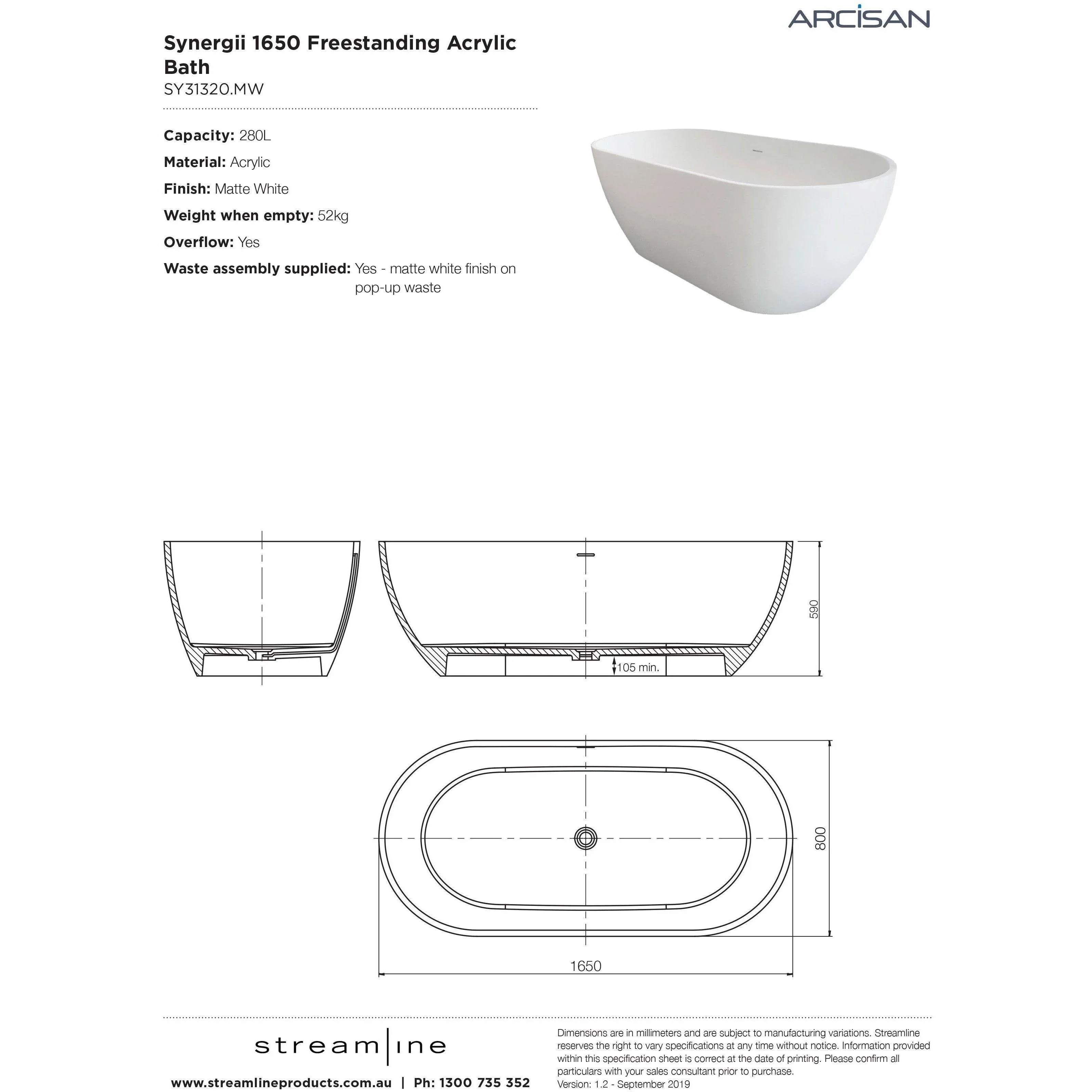 Arcisan Synergii F/Standing Bath Acrylic Matte White  1650mm - Image 7