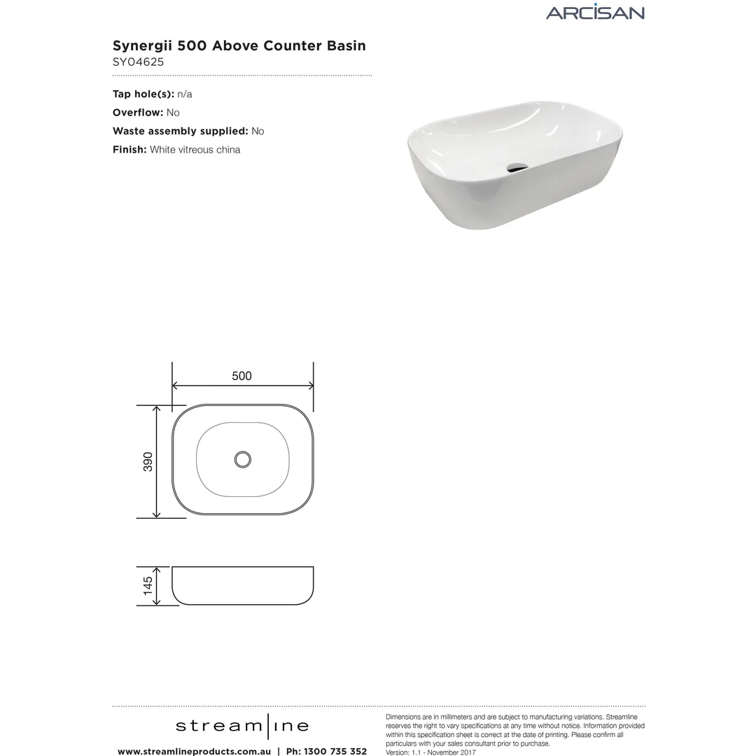 Streamline Arcisan Synergii Above Counter Basin - 500mm X 390mm - Image 4