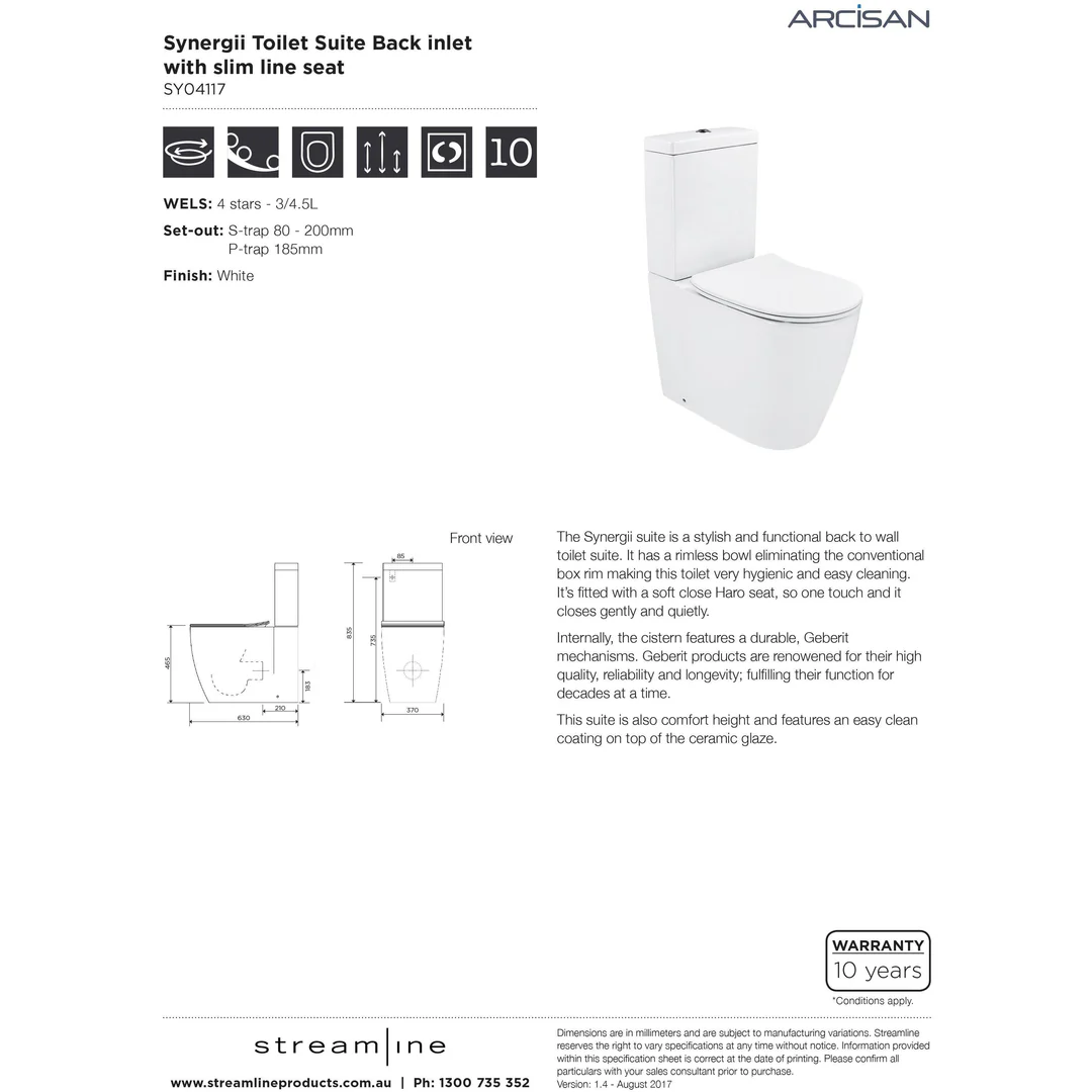 Streamline Arcisan Synergii Back-to-Wall Toilet Suite Back Inlet Slim Seat - Image 4