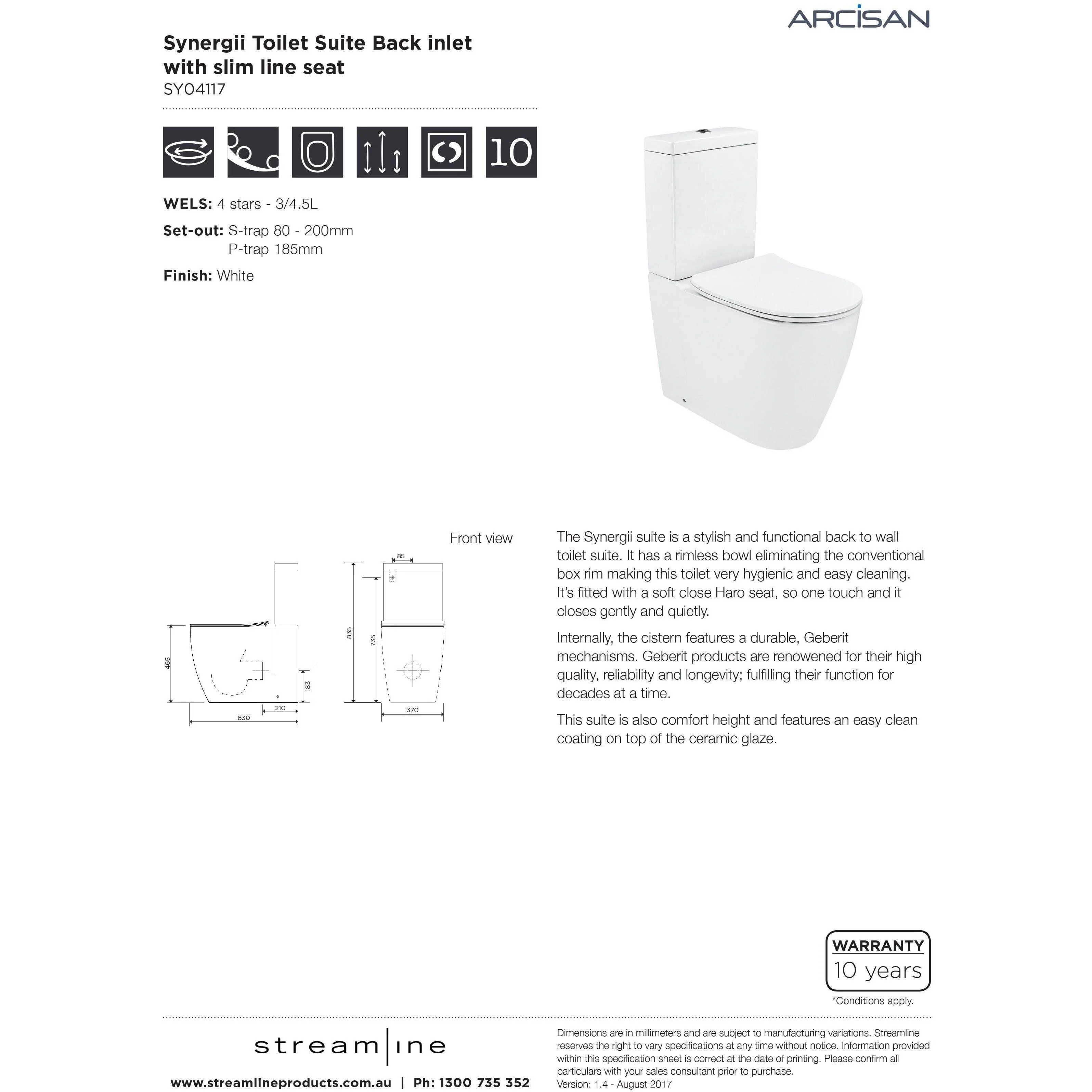 Streamline Arcisan Synergii Back-to-Wall Toilet Suite Back Inlet Slim Seat - Image 8