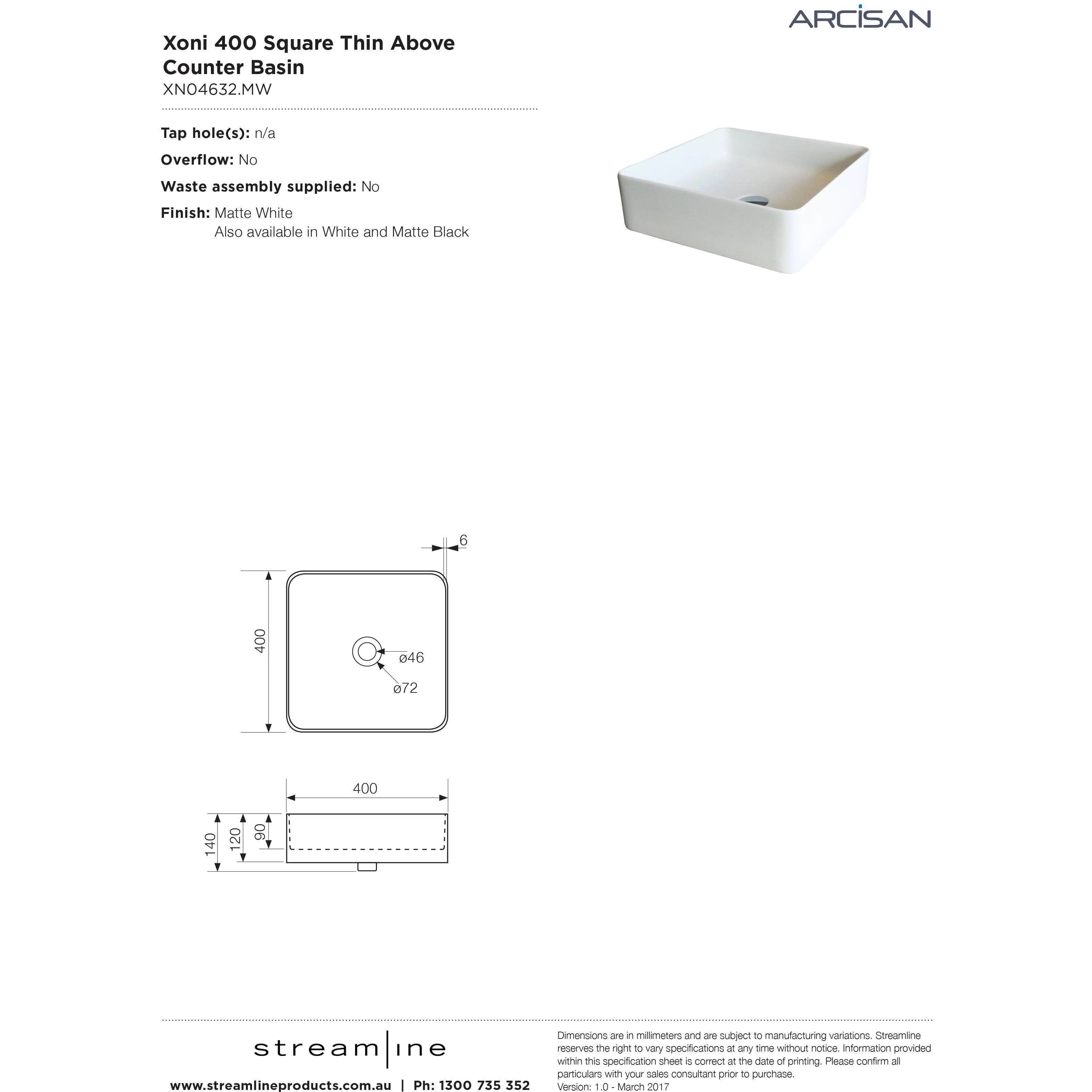 Streamline Arcisan Xoni 400 Thin Square Above Counter Basin - White - Image 5