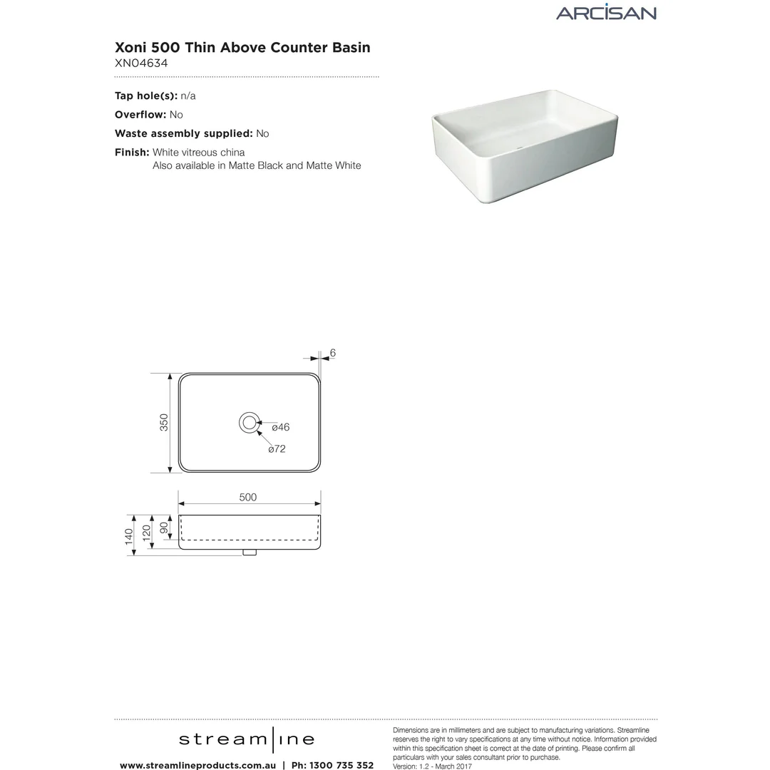 Streamline Arcisan Xoni Thin Rect Above Counter Basin 500mm X 350mm - White - Image 4