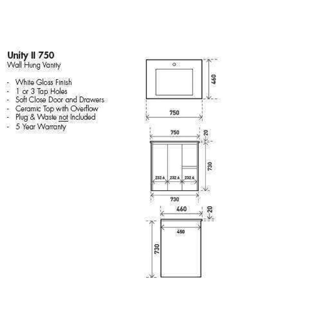Aspire Unity II 750 Vanity 1 Tap Hole W/Hung C/W Sq Ceramic Top Whi - Image 4