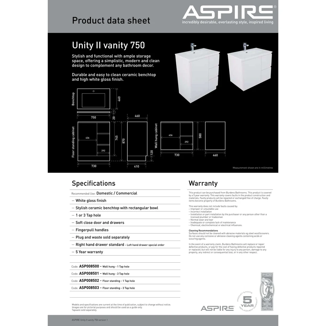 Aspire Unity II 750 Vanity 1 Tap Hole W/Hung C/W Sq Ceramic Top Whi - Image 5