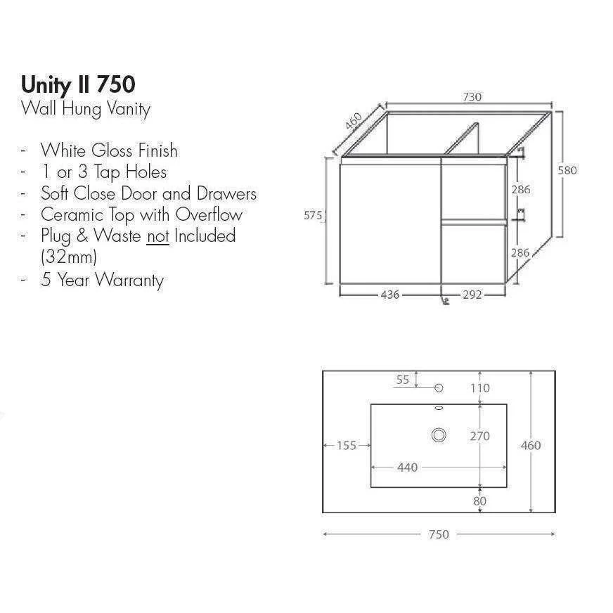 Aspire Unity II 750 Vanity 1 Tap Hole W/Hung C/W Sq Ceramic Top Whi - Image 7