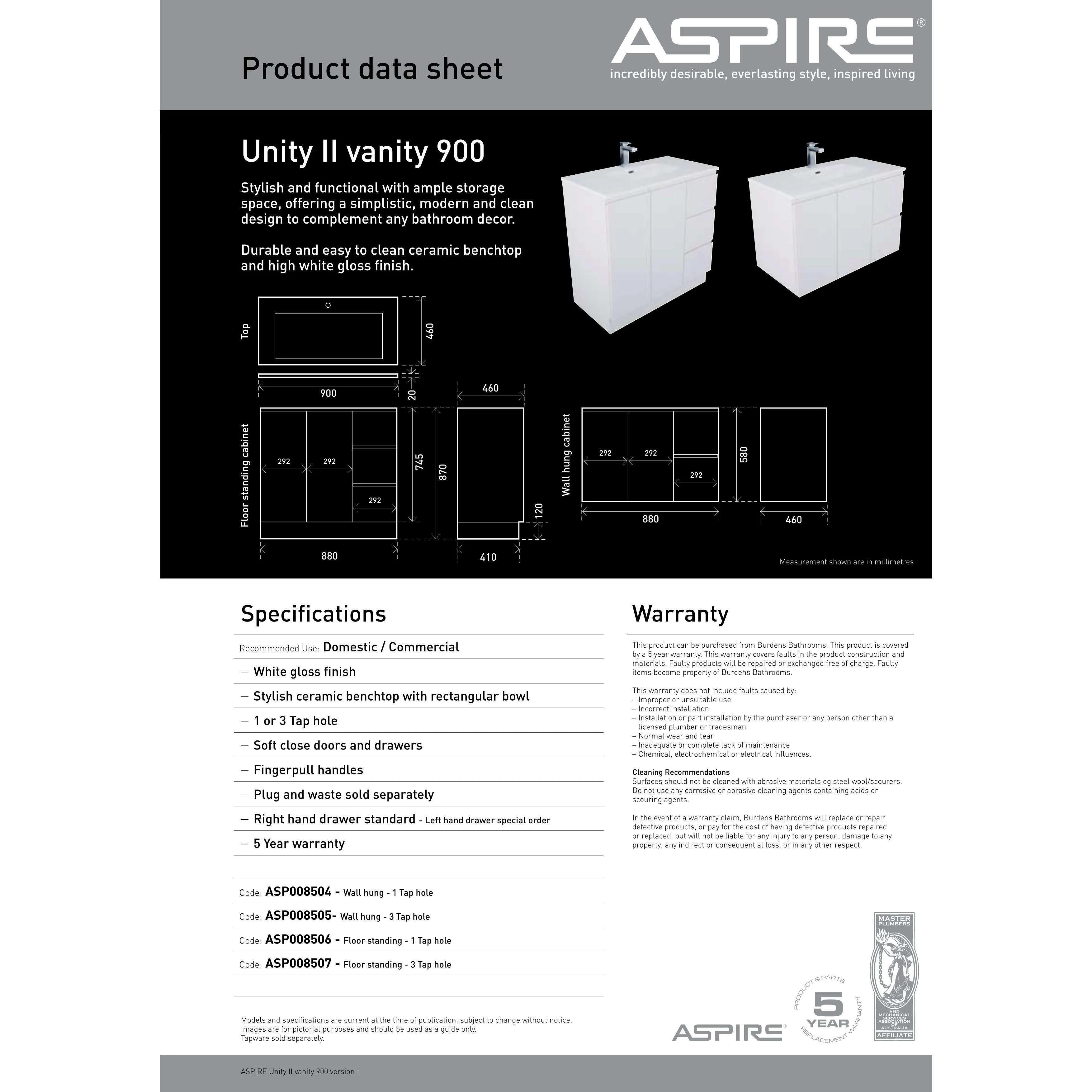 Aspire Unity II 900 Wall Hung Vanity 1 Tap Hole C/Q Sq Ceramic Top White - Image 7
