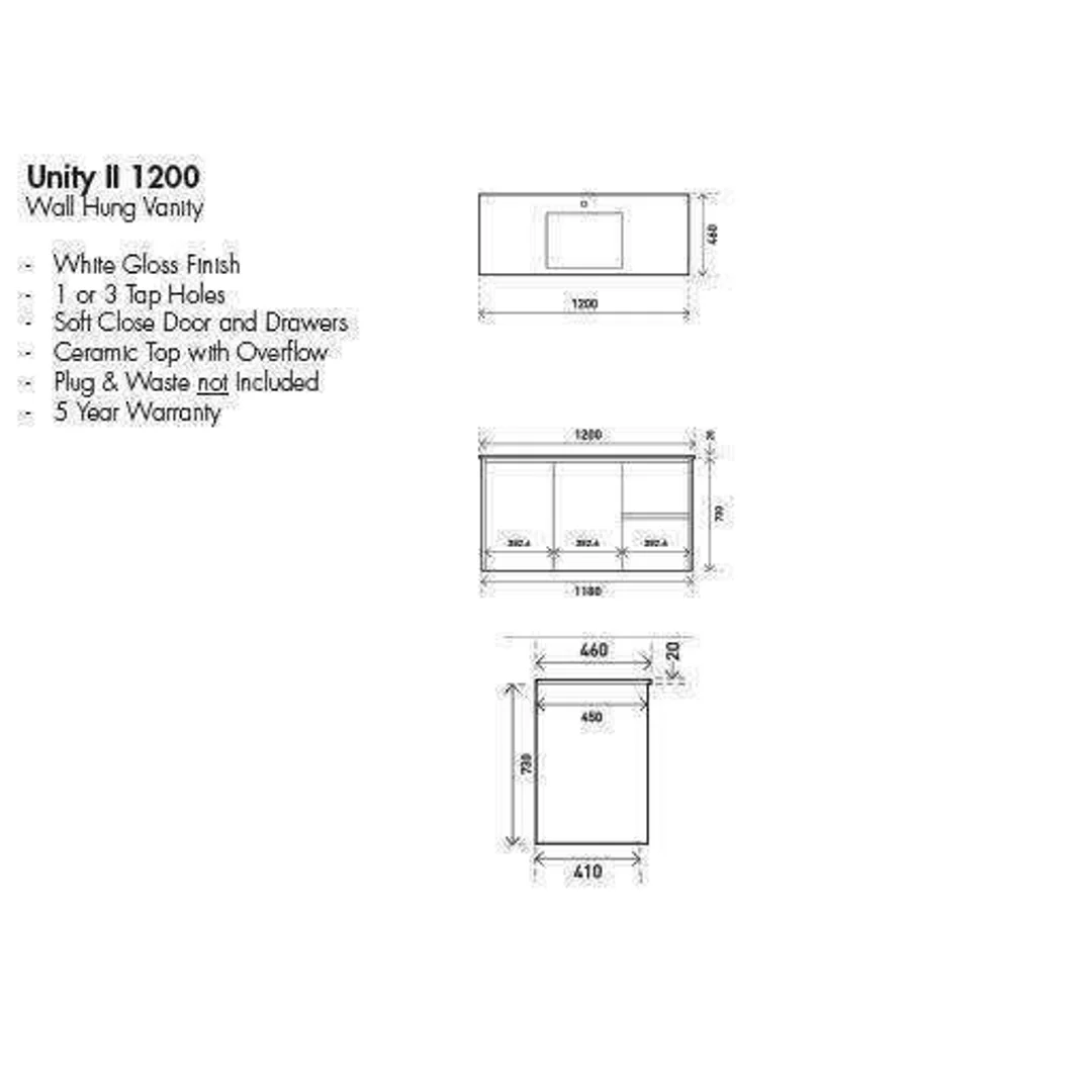 Aspire Unity II 1200 Vanity 1 Tap Hole W/Hung C/W Sq Ceramic Top Wh - Image 4