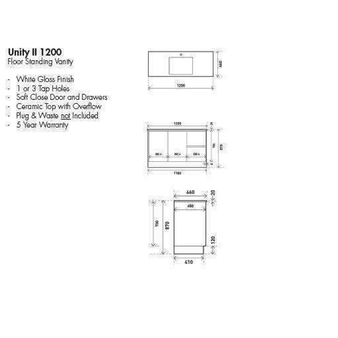 Aspire Unity II 1200 Vanity 1 Tap Hole Floor C/W Sq Ceramic Top White - Image 4