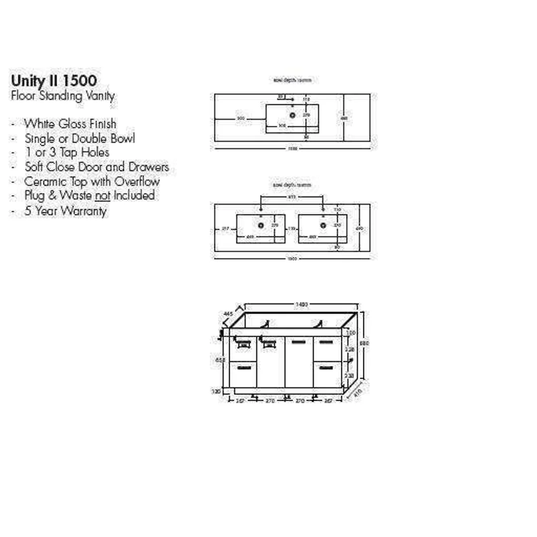 Aspire Unity II 1500 S/Bowl F/Standing Vanity Wht 1 Tap Hole - Image 4