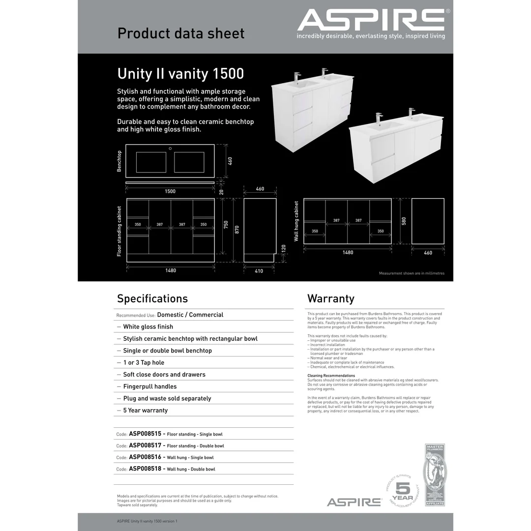 Aspire Unity II 1500 S/Bowl Vanity W/Hung China Top  White 1 Tap Hole - Image 4