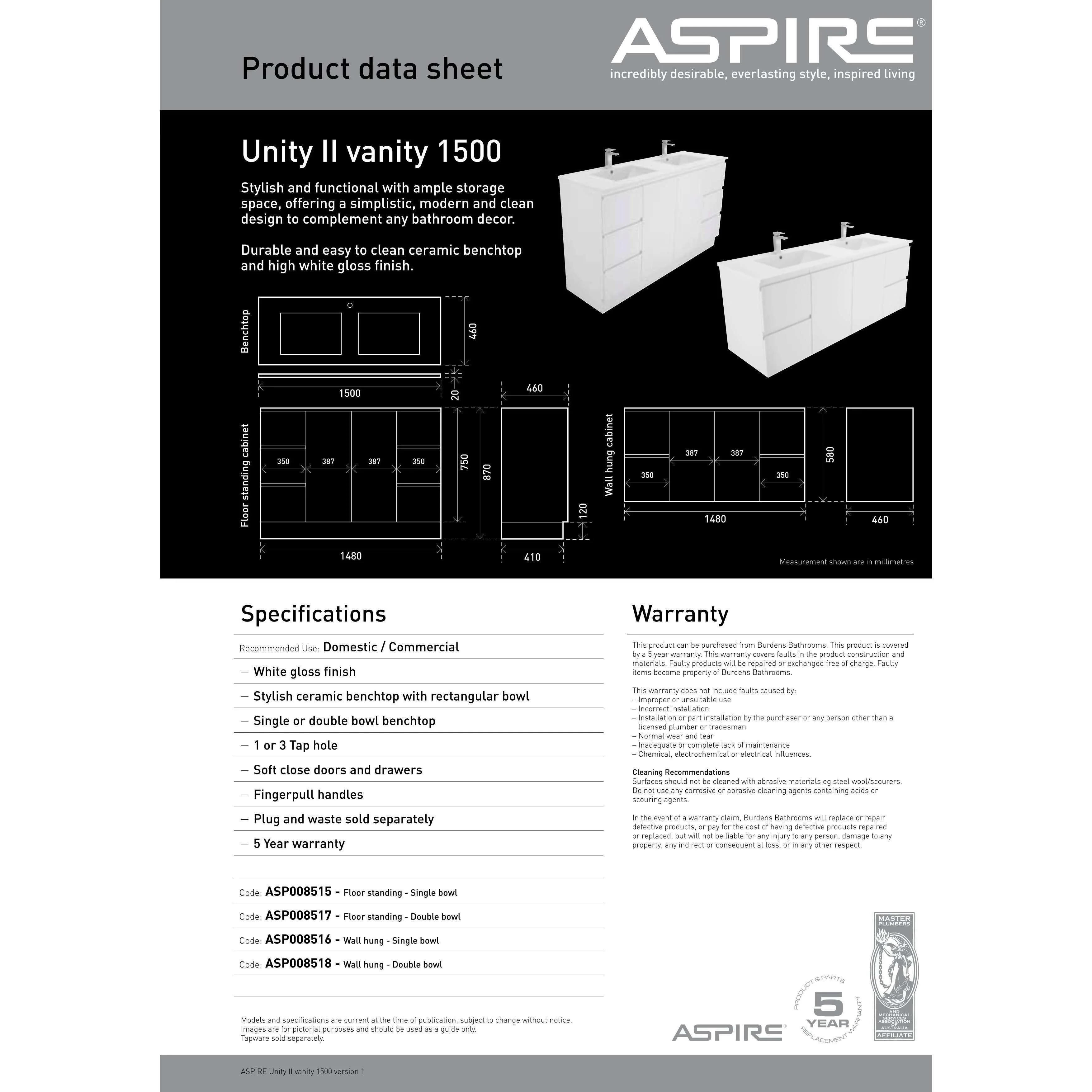 Aspire Unity II 1500 D/Bowl Vanity F/Stand White 1 Tap Hole - Image 7