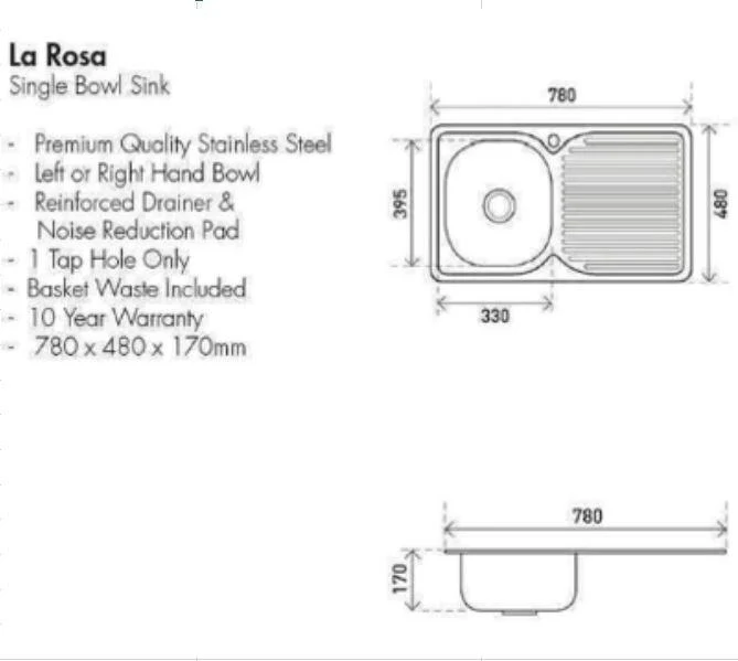 Aspire La Rosa 780 X 480 S/S Single Bowl Sink 1 Tap Hole Lh Bowl - Image 4