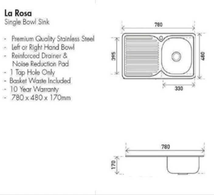 Aspire La Rosa 780 X 480 S/S Single Bowl Sink 1 Tap Hole Rh Bowl - Image 5