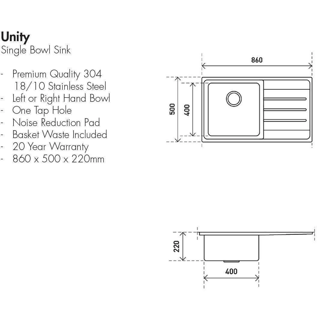 Aspire Unity Single Lh Bowl 860X500 S/Steel Sink - Image 4