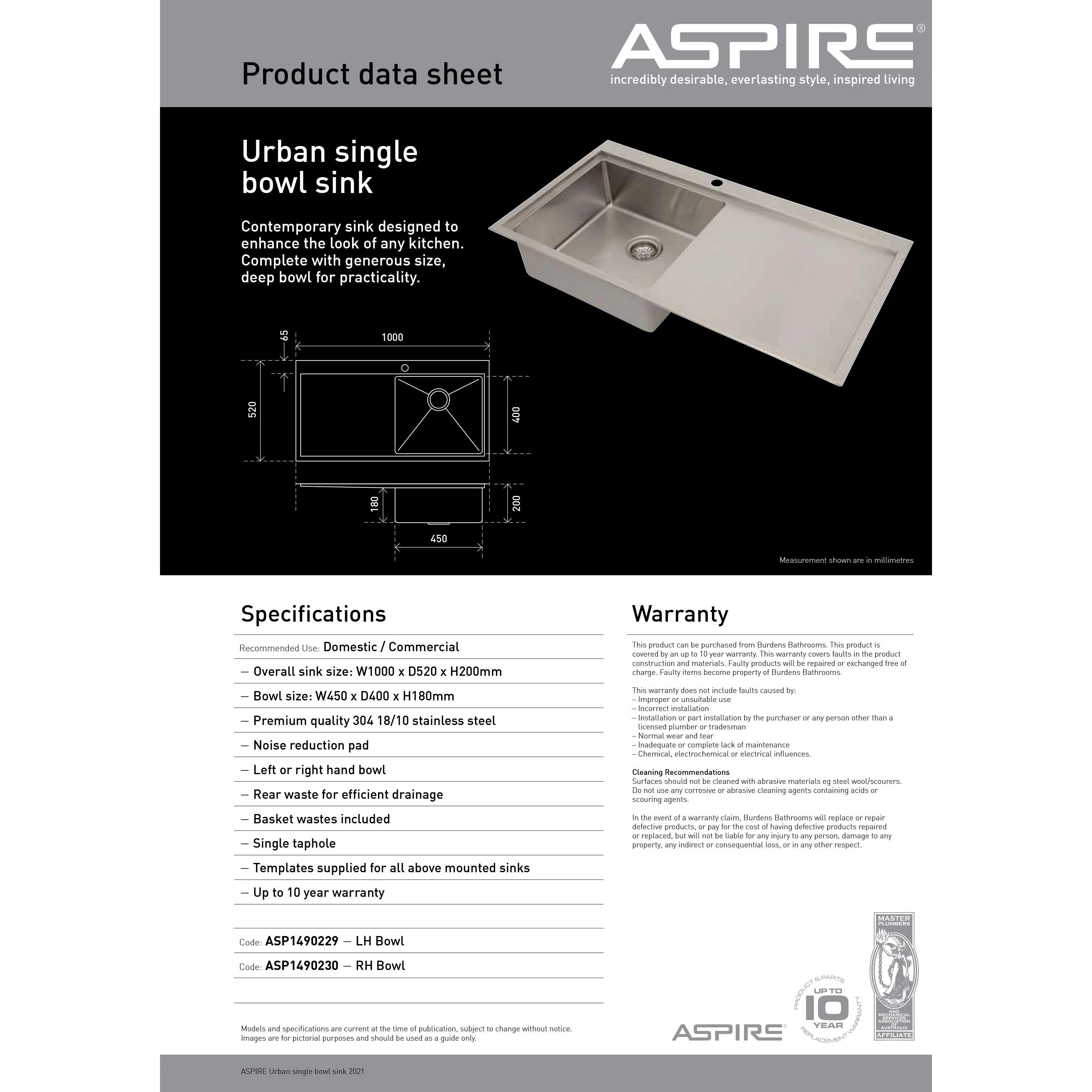 Aspire Urban Single Lh Bowl 1000 X 520 S/Steel Sink **Rh711L** - Image 4