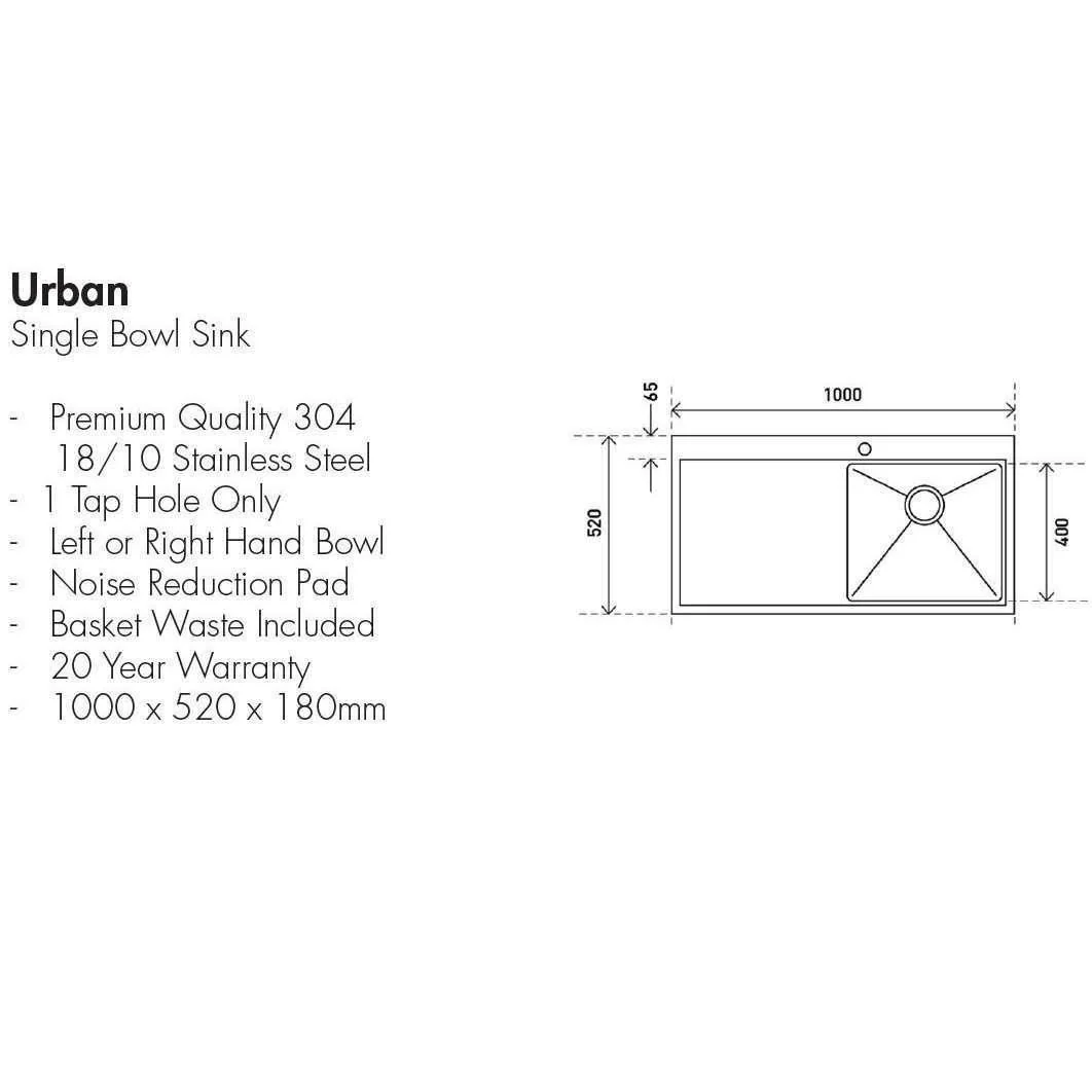 Aspire Urban Single Lh Bowl 1000 X 520 S/Steel Sink **Rh711L** - Image 5