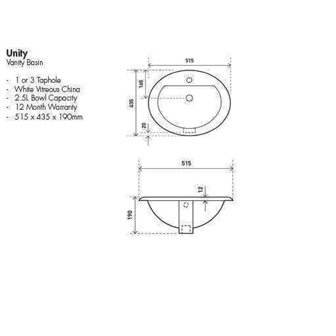 Aspire Unity Vanity Basin Inset 515 X 435 1 Tap Hole White - Image 4