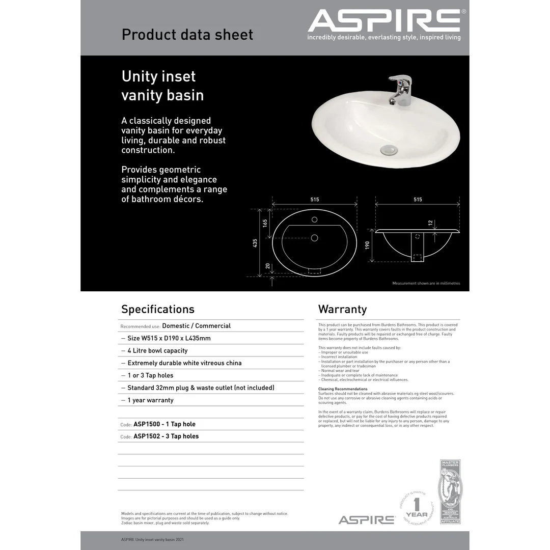 Aspire Unity Vanity Basin Inset 515 X 435 3 Tap Hole White Sbc201 - Image 4
