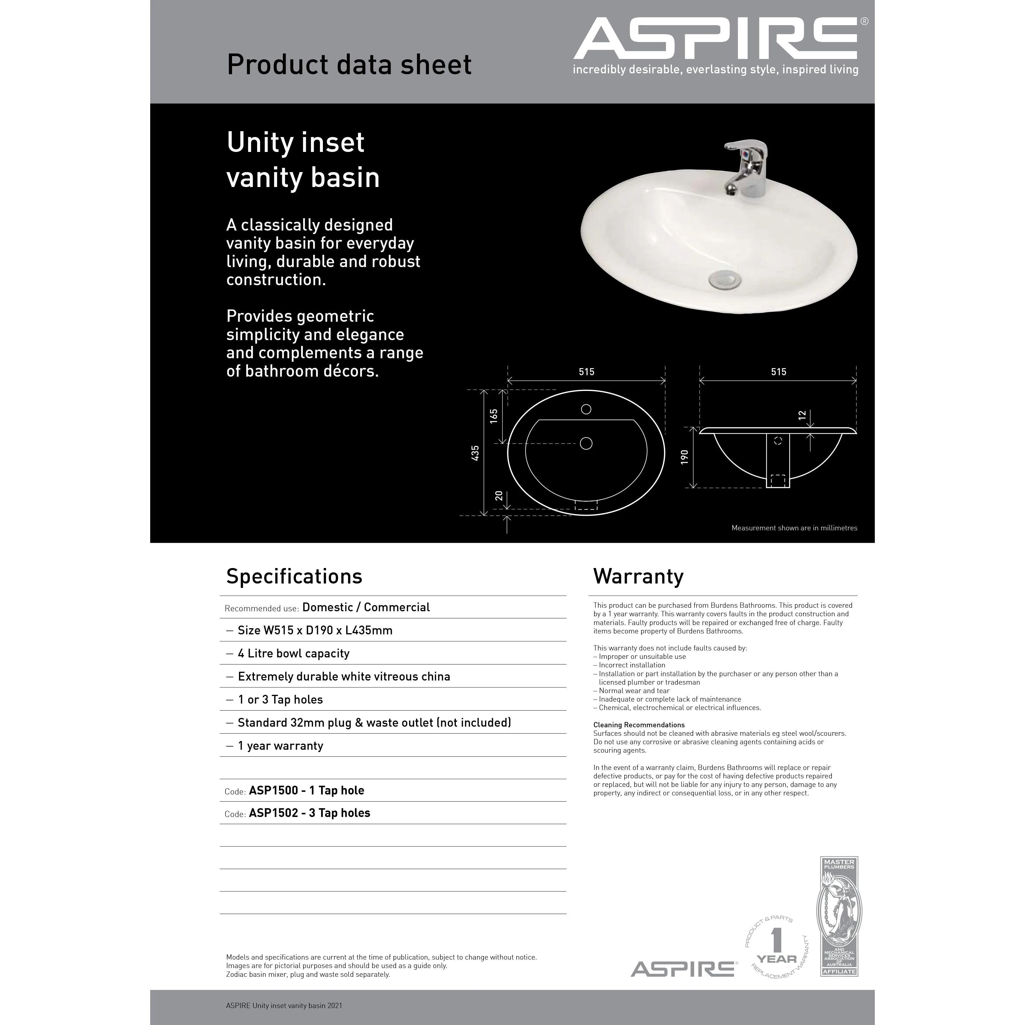 Aspire Unity Vanity Basin Inset 515 X 435 3 Tap Hole White Sbc201 - Image 5
