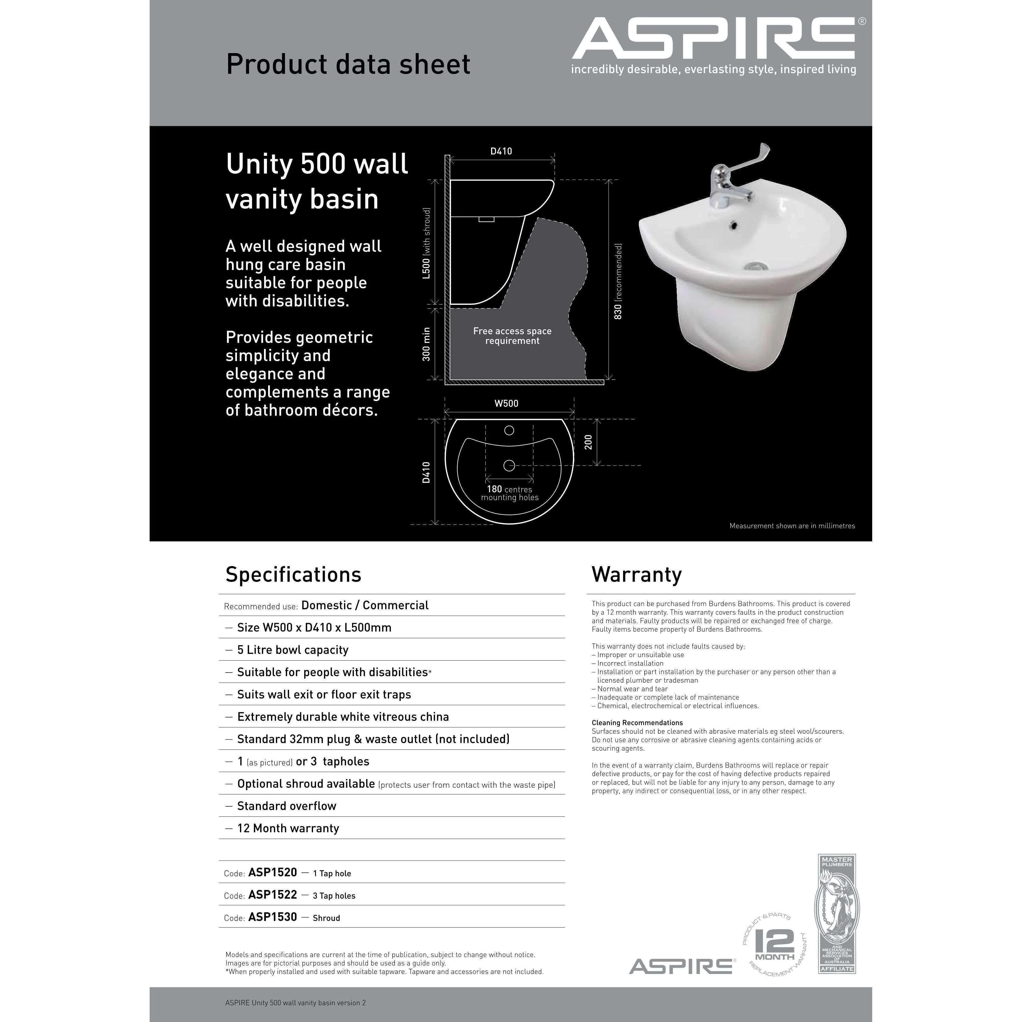 Aspire Unity 500 Wall Basin Only 500 X 410 1 Tap Hole White - Image 5