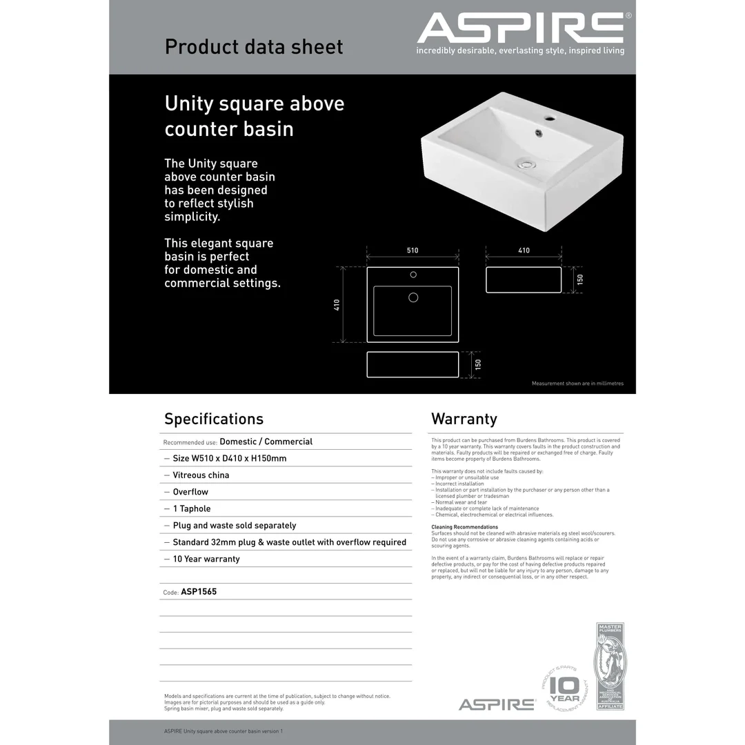 Aspire Unity Square Above Counter Basin White 1 Tap Hole 510X410 - Image 4