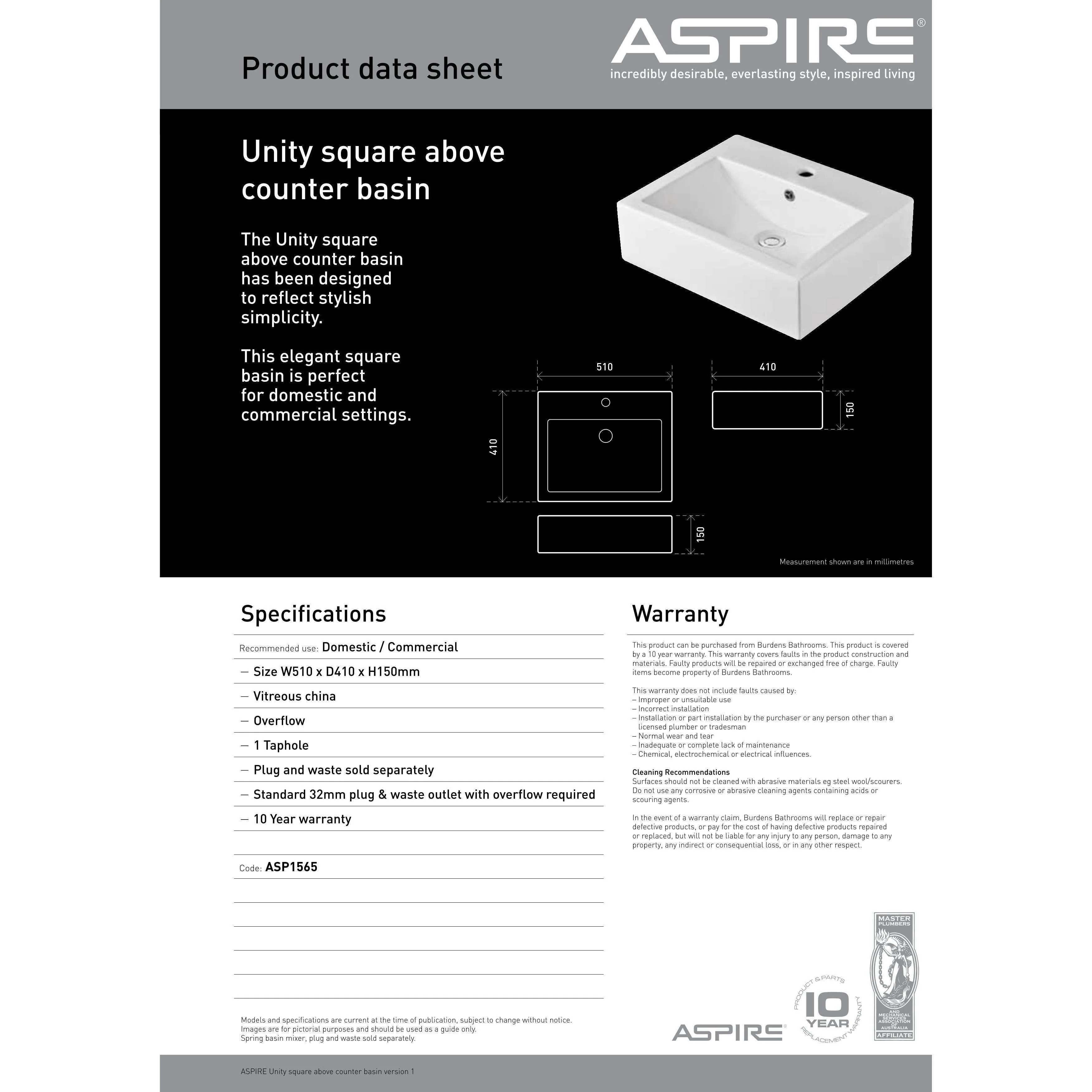 Aspire Unity Square Above Counter Basin White 1 Tap Hole 510X410 - Image 7