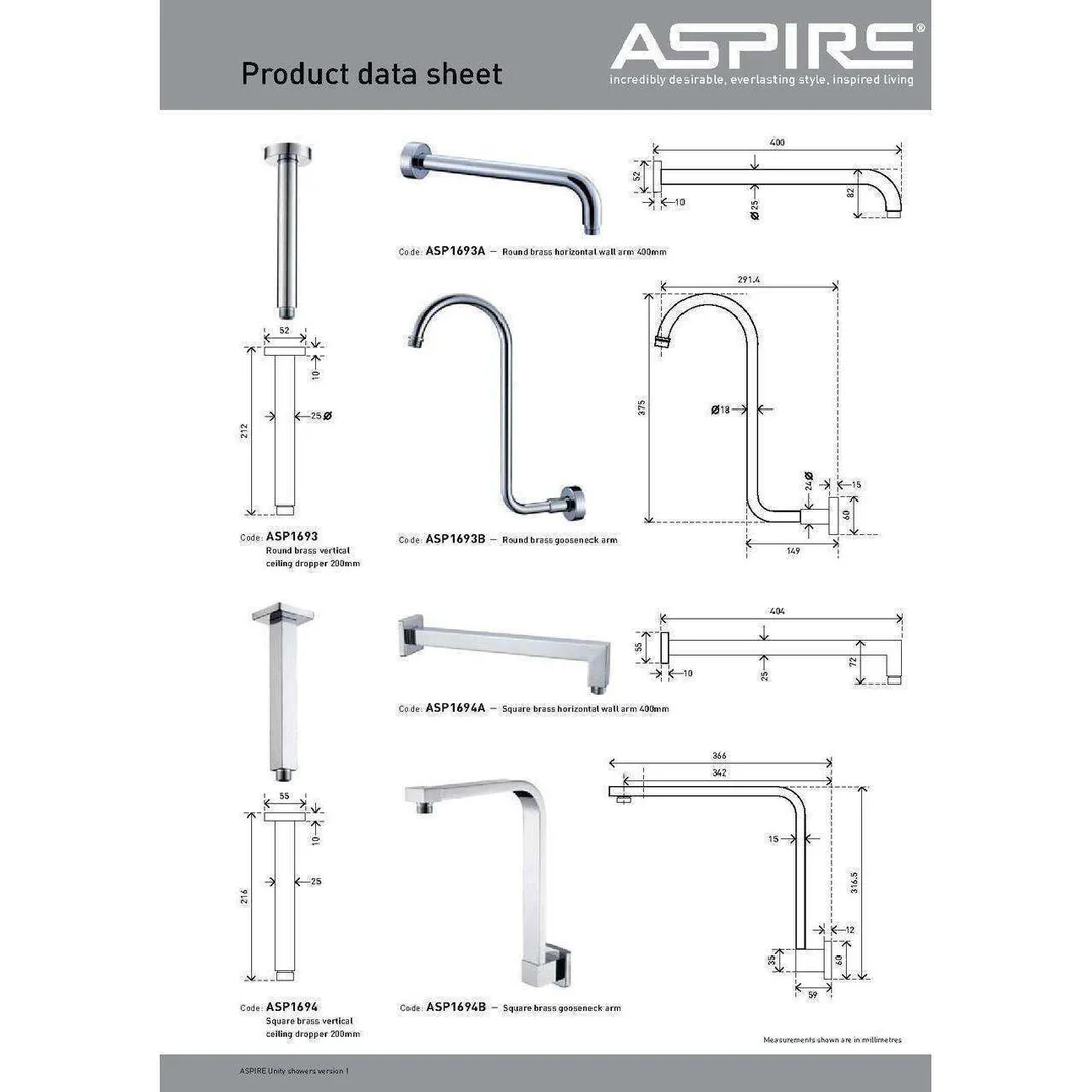 Aspire Unity Shower Wall Arm Round Brass 400mm - Image 4