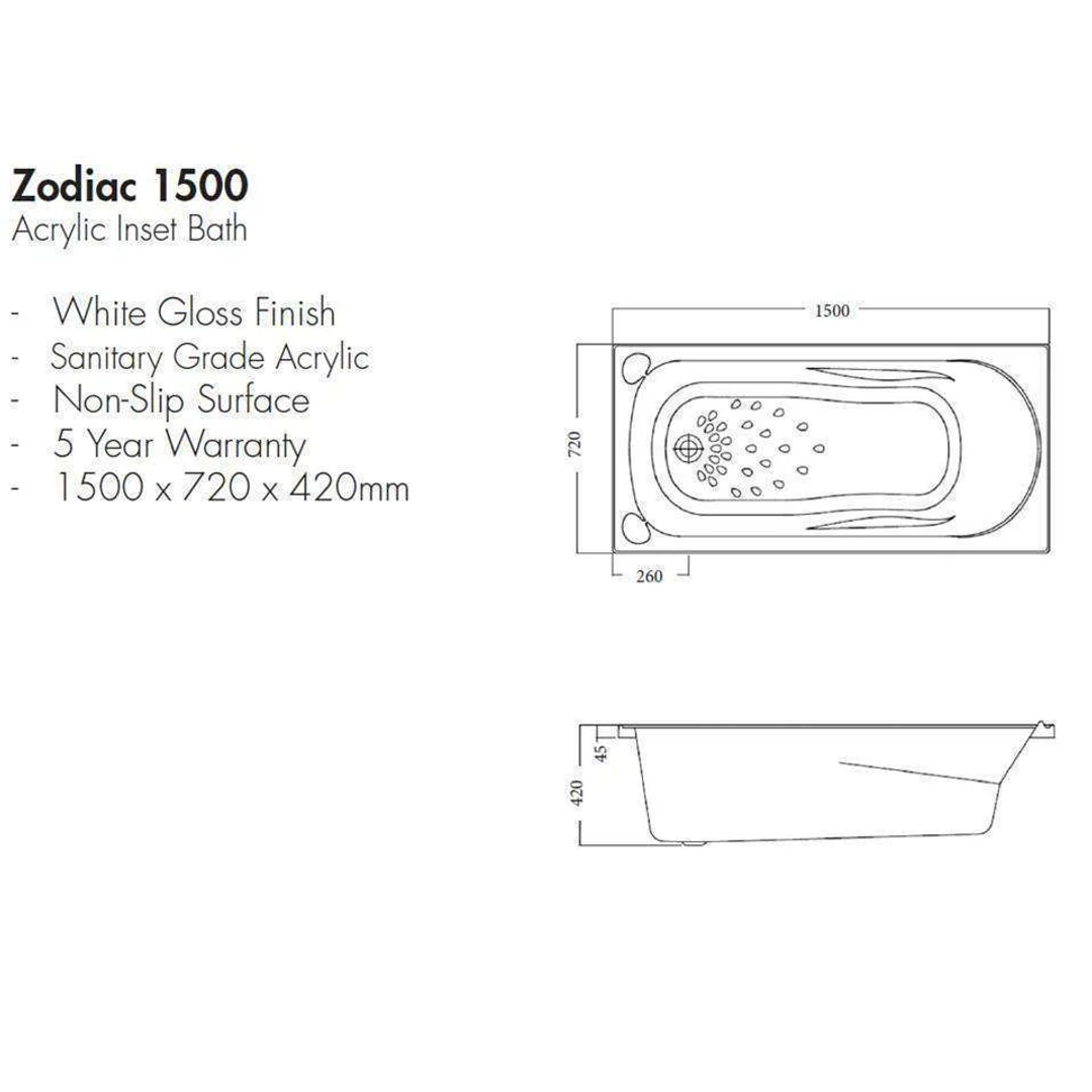 Aspire Zodiac Acrylic Bath White 1500mm - Image 4