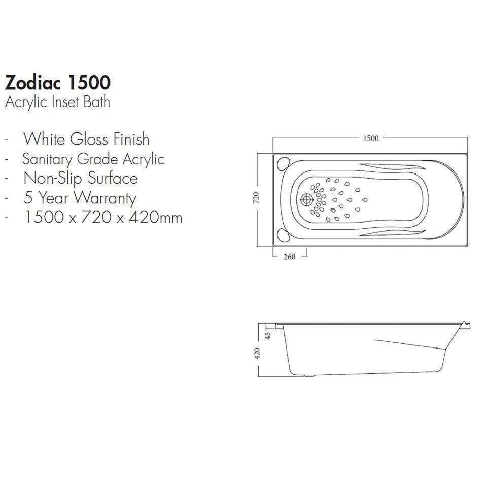 Aspire Zodiac Acrylic Bath White 1500mm - Image 5