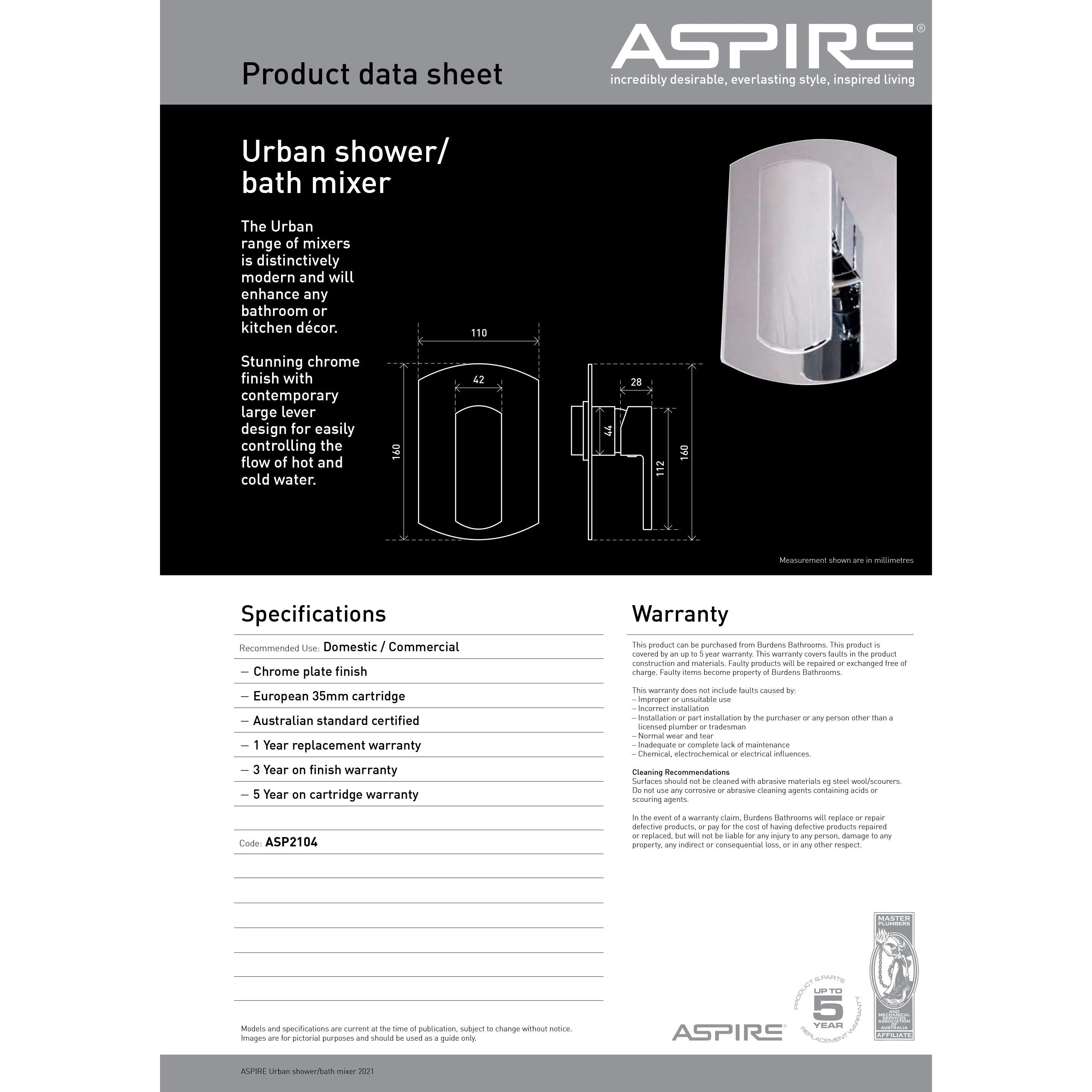 Aspire Urban Shower/Bath Mixer C/P - Image 7