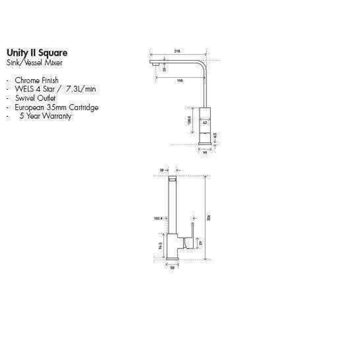 Aspire Unity II **Square** Sink/Vessel Mixer Chrome - Image 3
