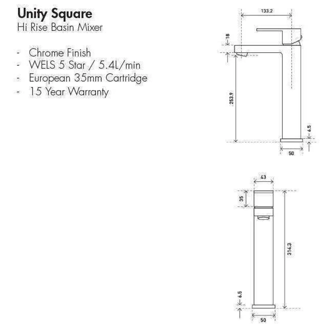 Aspire Unity **Square** Hi Rise Vessel Mixer Chrome - Image 3