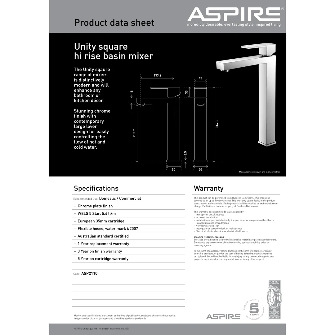 Aspire Unity **Square** Hi Rise Vessel Mixer Chrome - Image 4