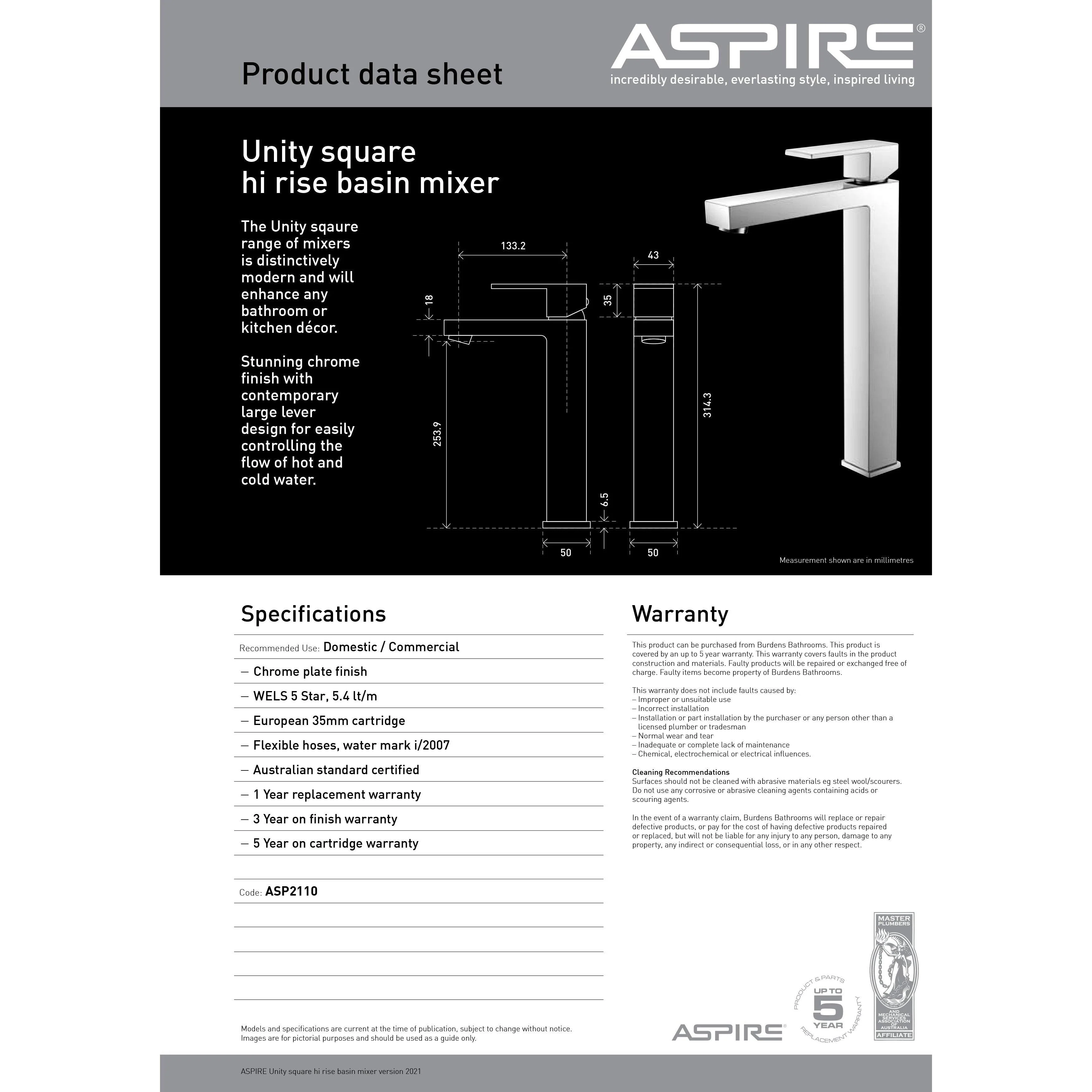 Aspire Unity **Square** Hi Rise Vessel Mixer Chrome - Image 7