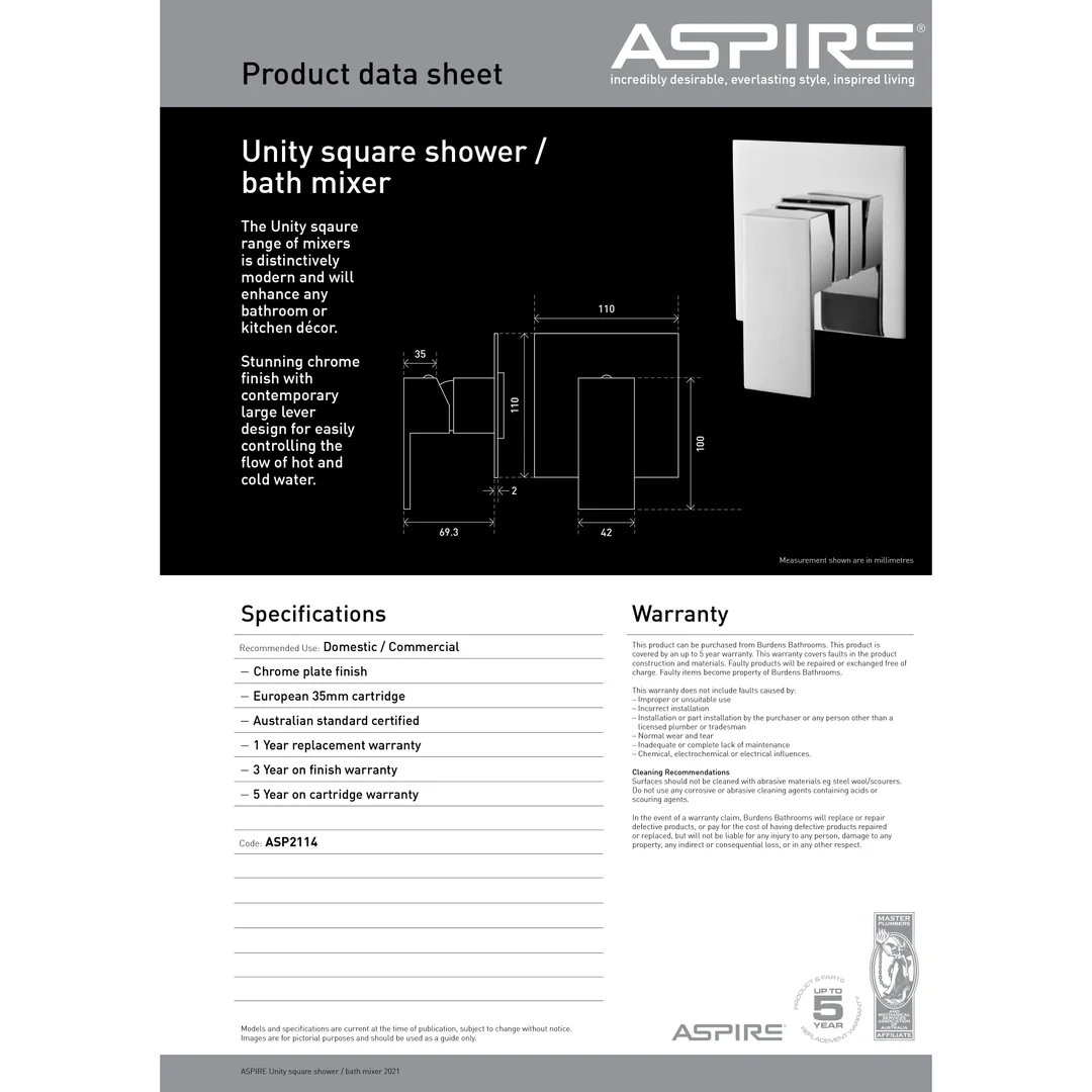 Aspire Unity **Square** Shower/Bath Mixer Chrome - Image 4
