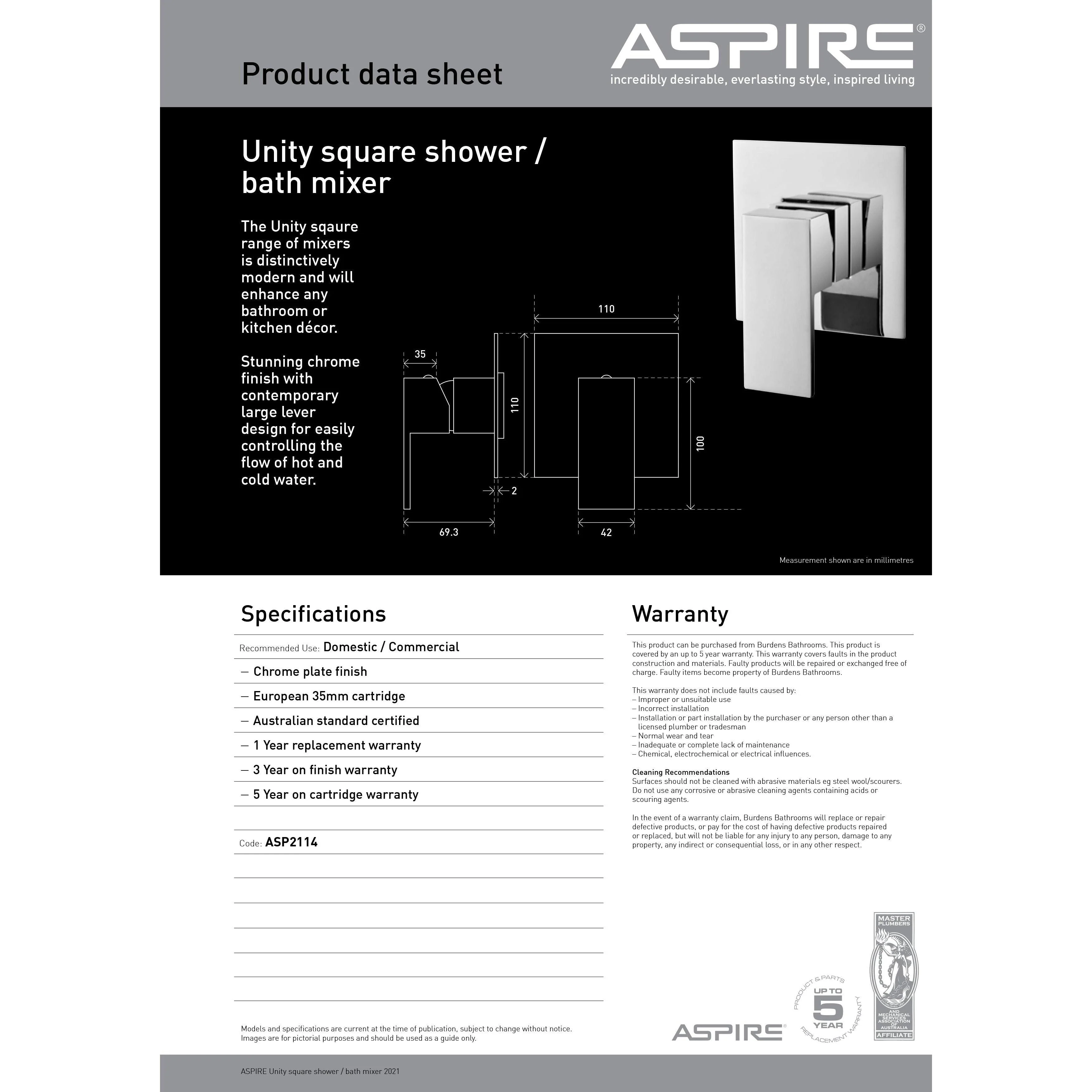Aspire Unity **Square** Shower/Bath Mixer Chrome - Image 7