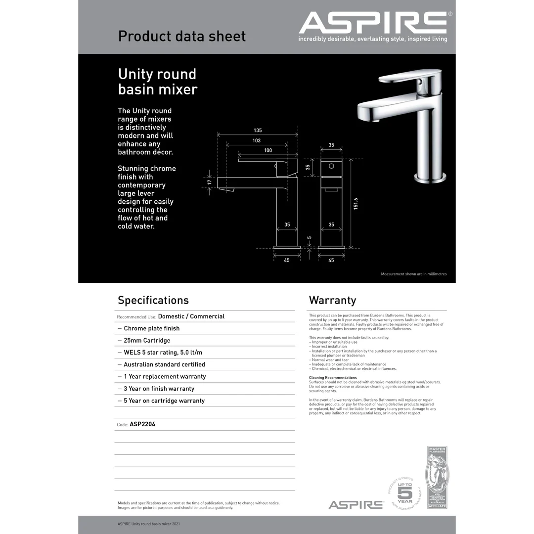 Aspire Unity **Round** Basin Mixer Chrome - Image 4