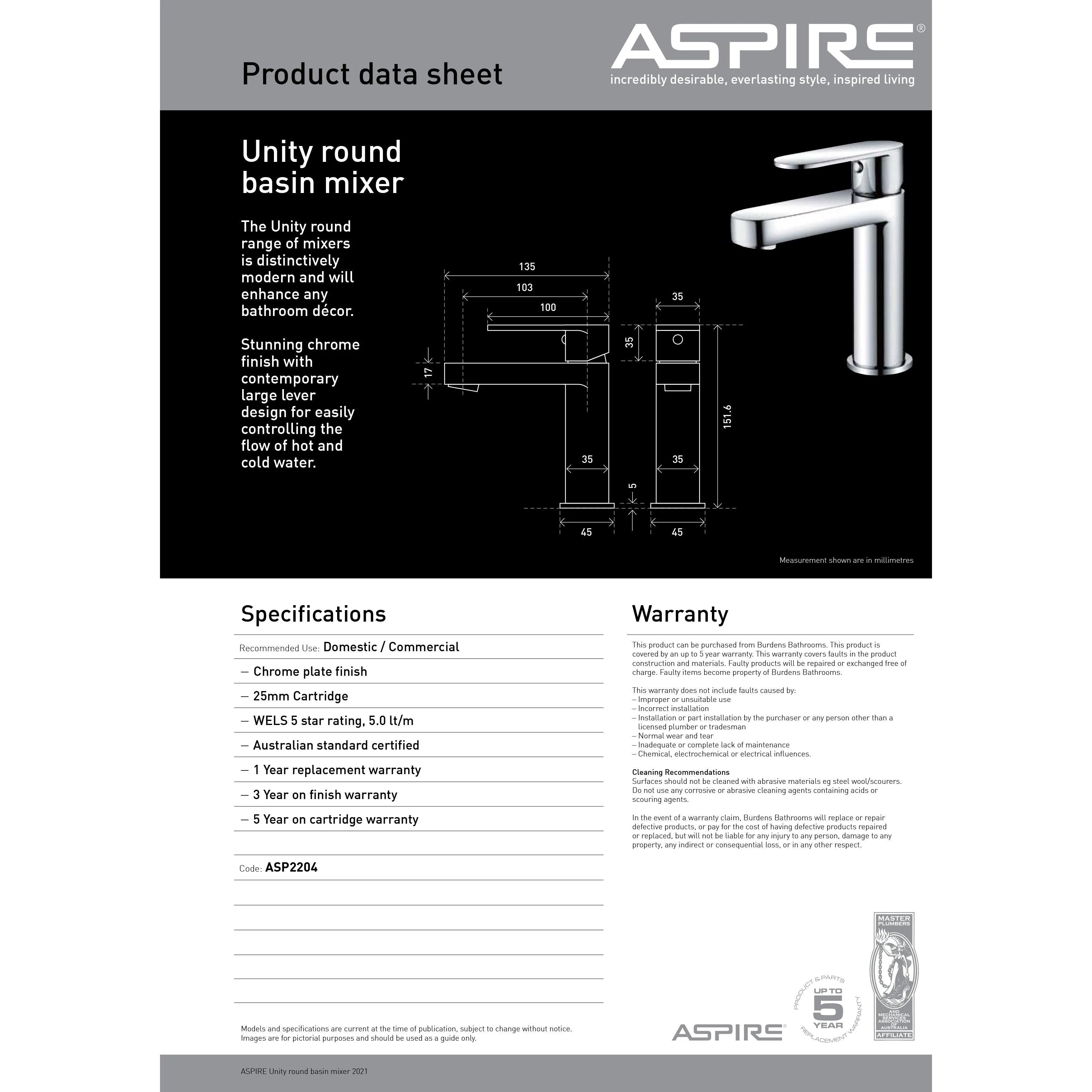 Aspire Unity **Round** Basin Mixer Chrome - Image 7