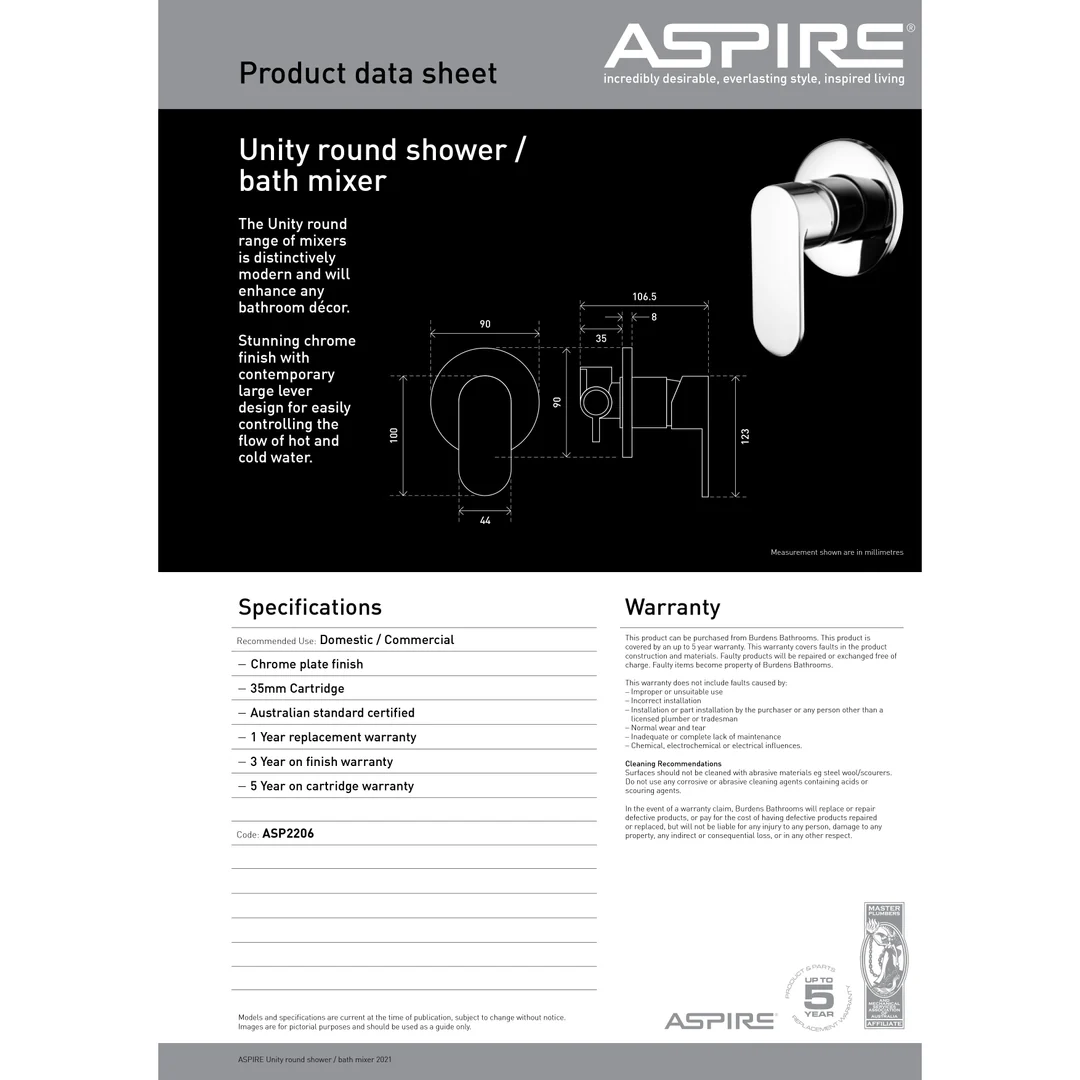 Aspire Unity **Round** Shower/Bath Mixer Chrome - Image 4