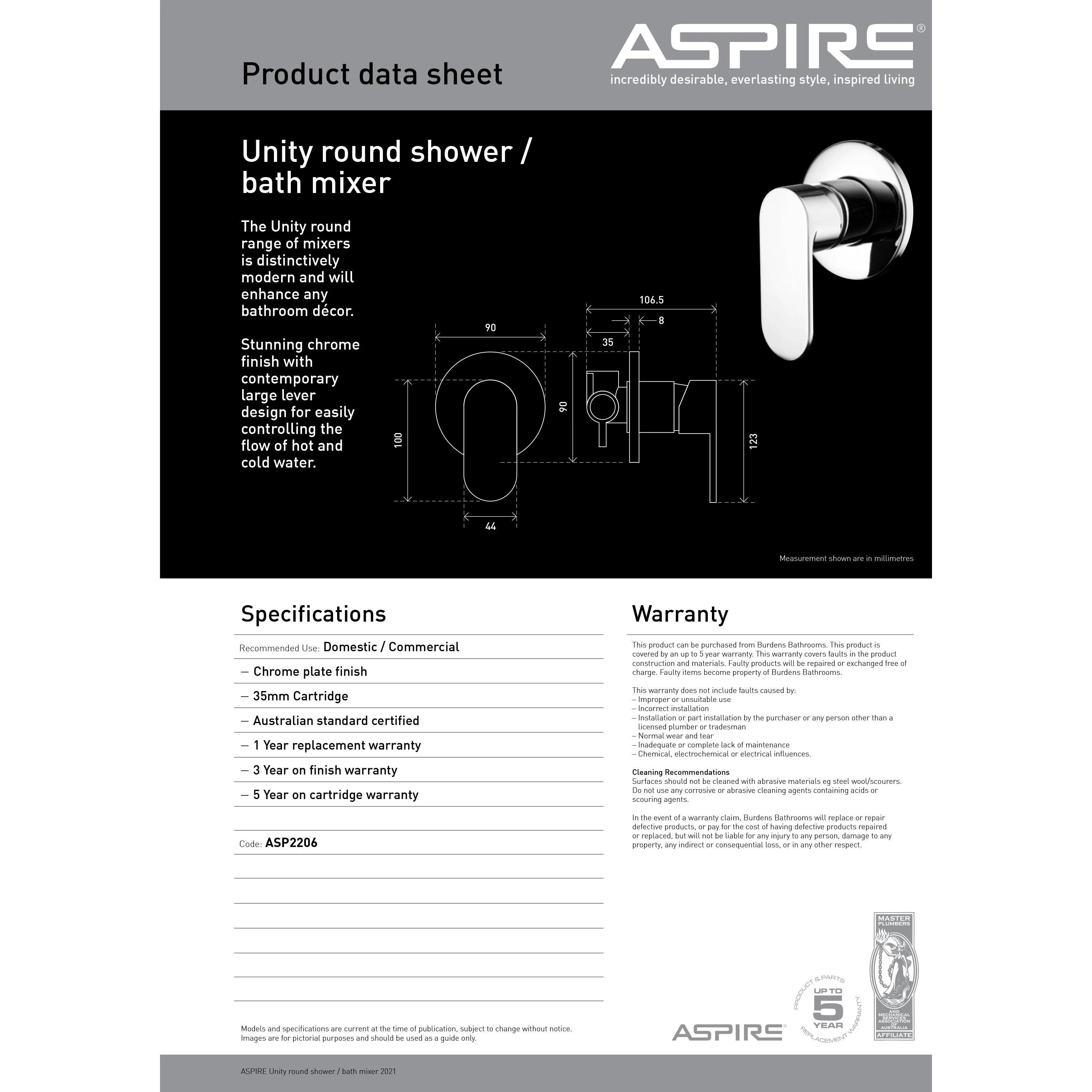 Aspire Unity **Round** Shower/Bath Mixer Chrome - Image 7