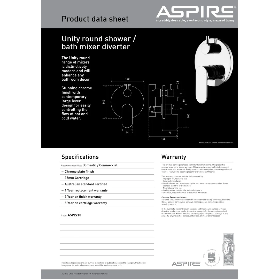 Aspire Unity **Round** Shower Mixer W/ Diverter Chrome - Image 4